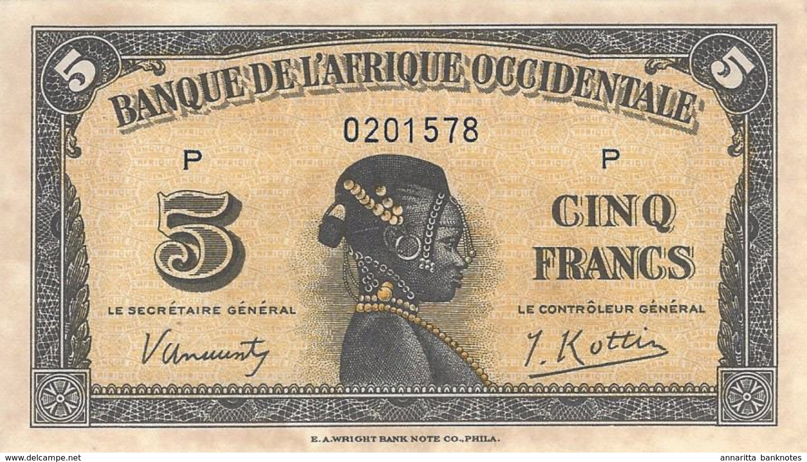 French West Africa 5 Francs 1942, S/N: 0201578 UNC, P-28a, FWA115a - Other - Africa