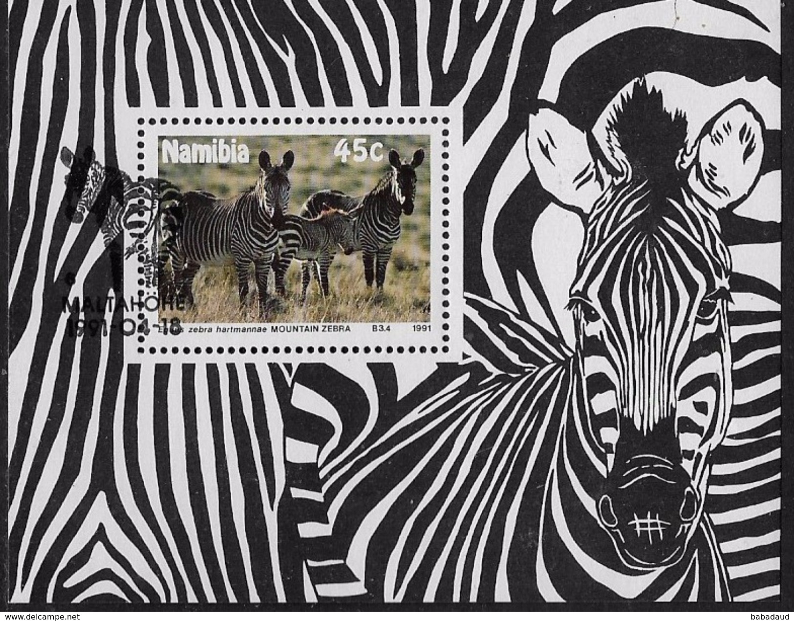 Namibia, 1991, Mountain Zebra, 45c Miniature Sheet,c.t.o. Special Cancel - Namibie (1990- ...)