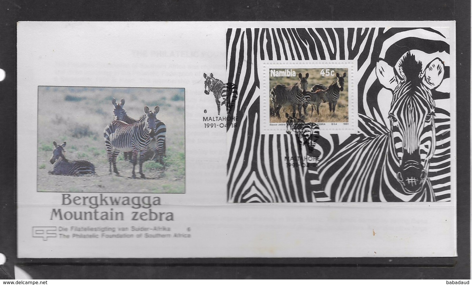 Namibia, 1991, Mountain Zebra, 45c Miniature Sheet, FIRST DAY COVER Special Cancel - Namibia (1990- ...)