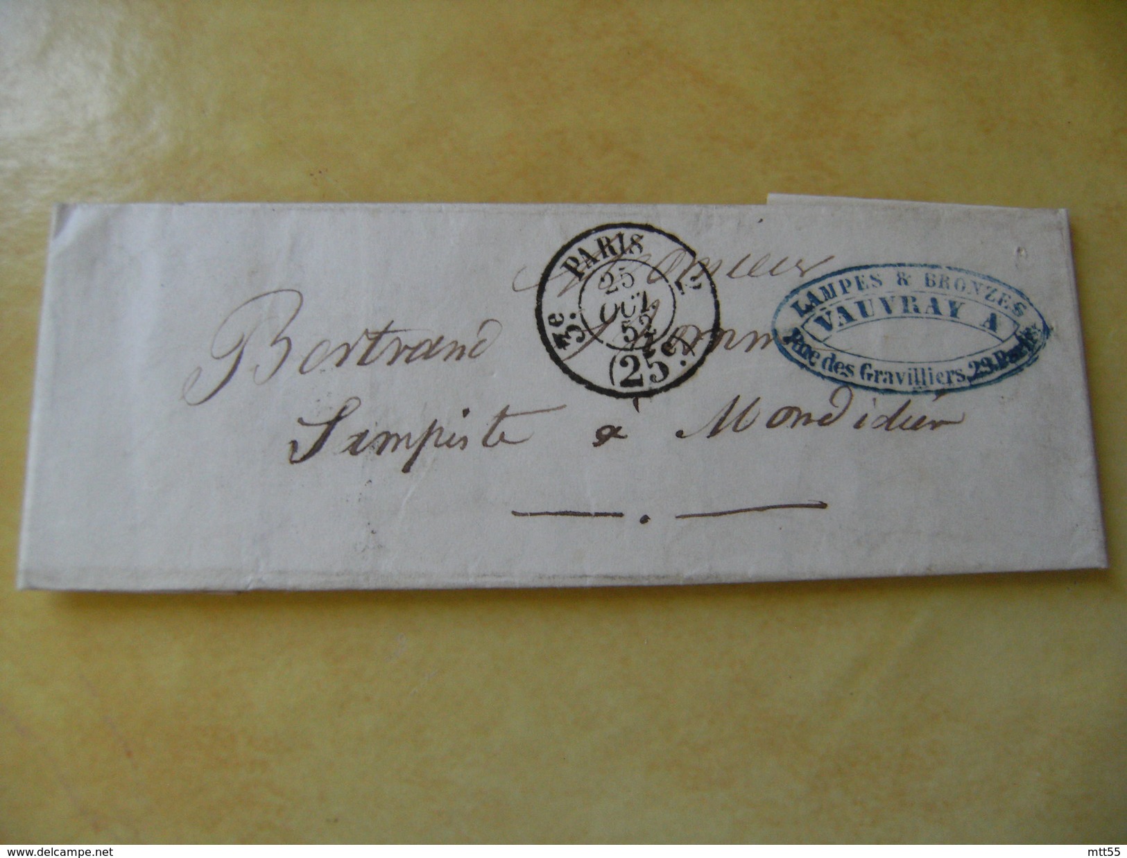 Lettre 1852 Cachet Paris 3 Eme  , 2 25 C Cachet Port Du Pour Province - 1849-1876: Période Classique