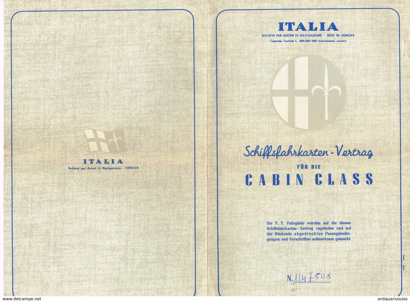 MS VULCANIA - Biglietto Di Passaggio PRIMA Classe + CABINA  Classe - 2x Italian Line Brochure - 3x Post Cards "ITALIA" - Autres & Non Classés