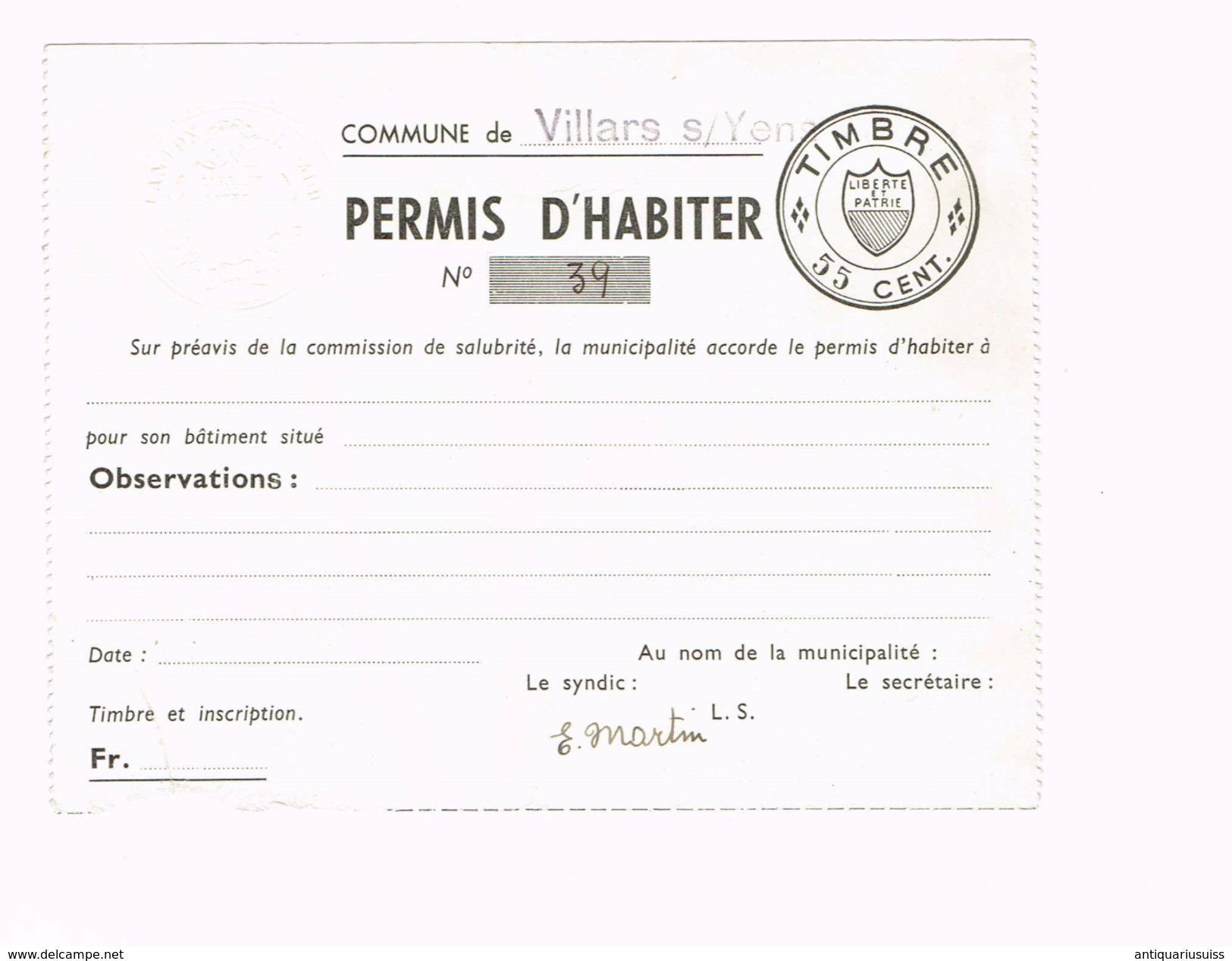 Permis D'habiter - Canton De Vaud - Timbre 55 Cent. - Commune De Villars S/Yens - Sin Clasificación