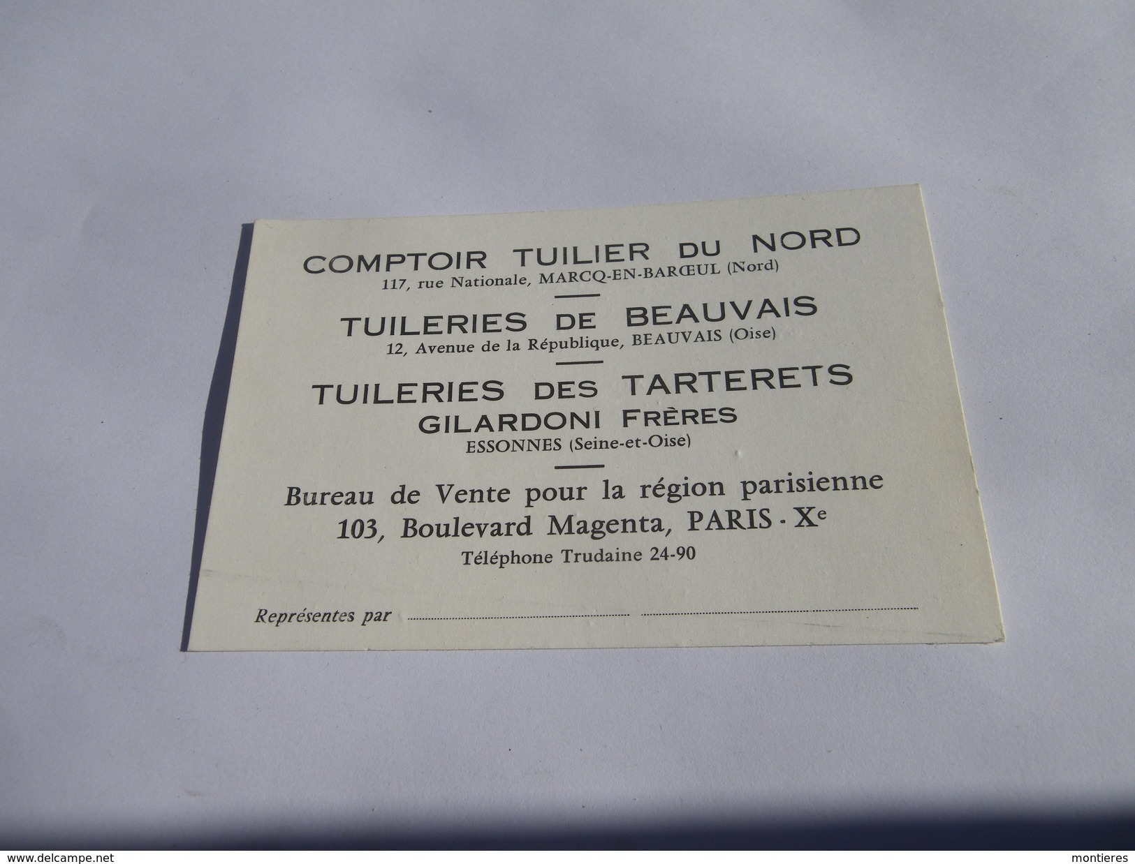 Carte De Représentant Tuileries De Beauvais - Tuileries Des Tarterets - Comptoir Tuilier Du Nord - Cartes De Visite