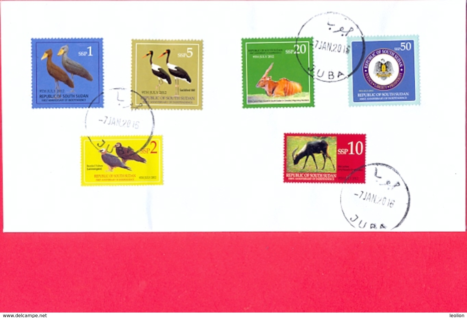 SOUTH SUDAN Full Set 2nd Issue Cancelled On Cover = Südsudan 1, 2, 5, 10, 20 And 50 SSP Birds Wildlife Soudan Du Sud - South Sudan