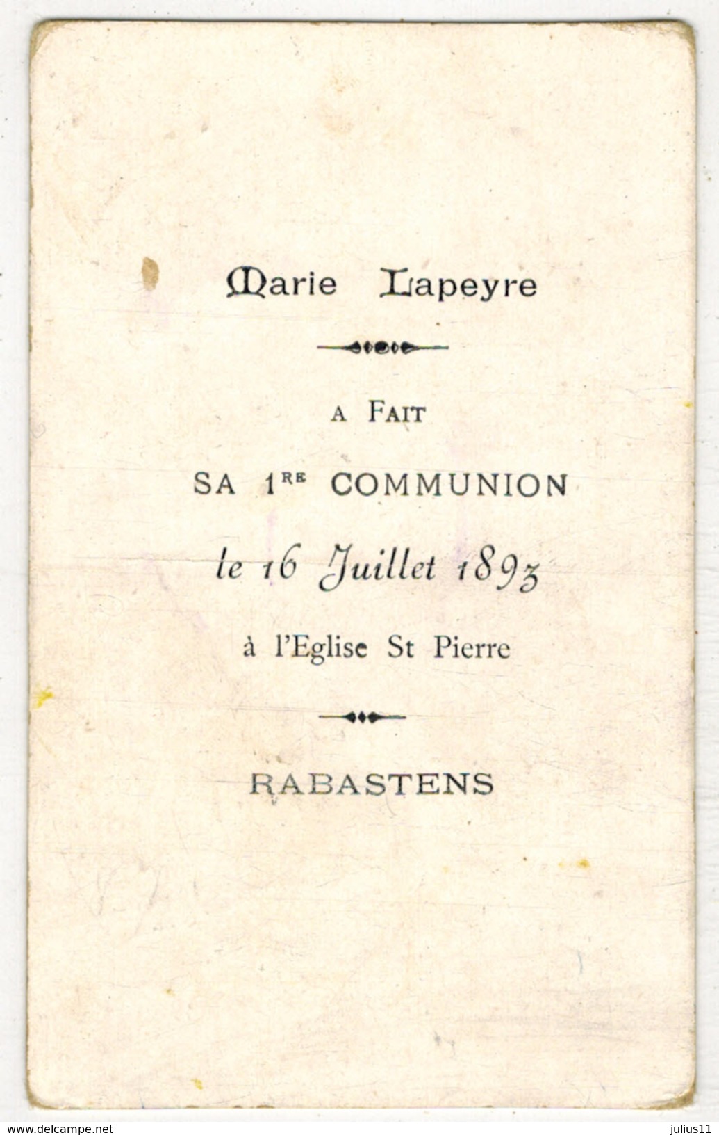 RABASTENS Année 1893 LAPEYRE Marie IMAGE PIEUSE GENEALOGIE HOLY CARD SANTINI CHROMO HEILIG PRENTJE KAHN ZABERN - Imágenes Religiosas