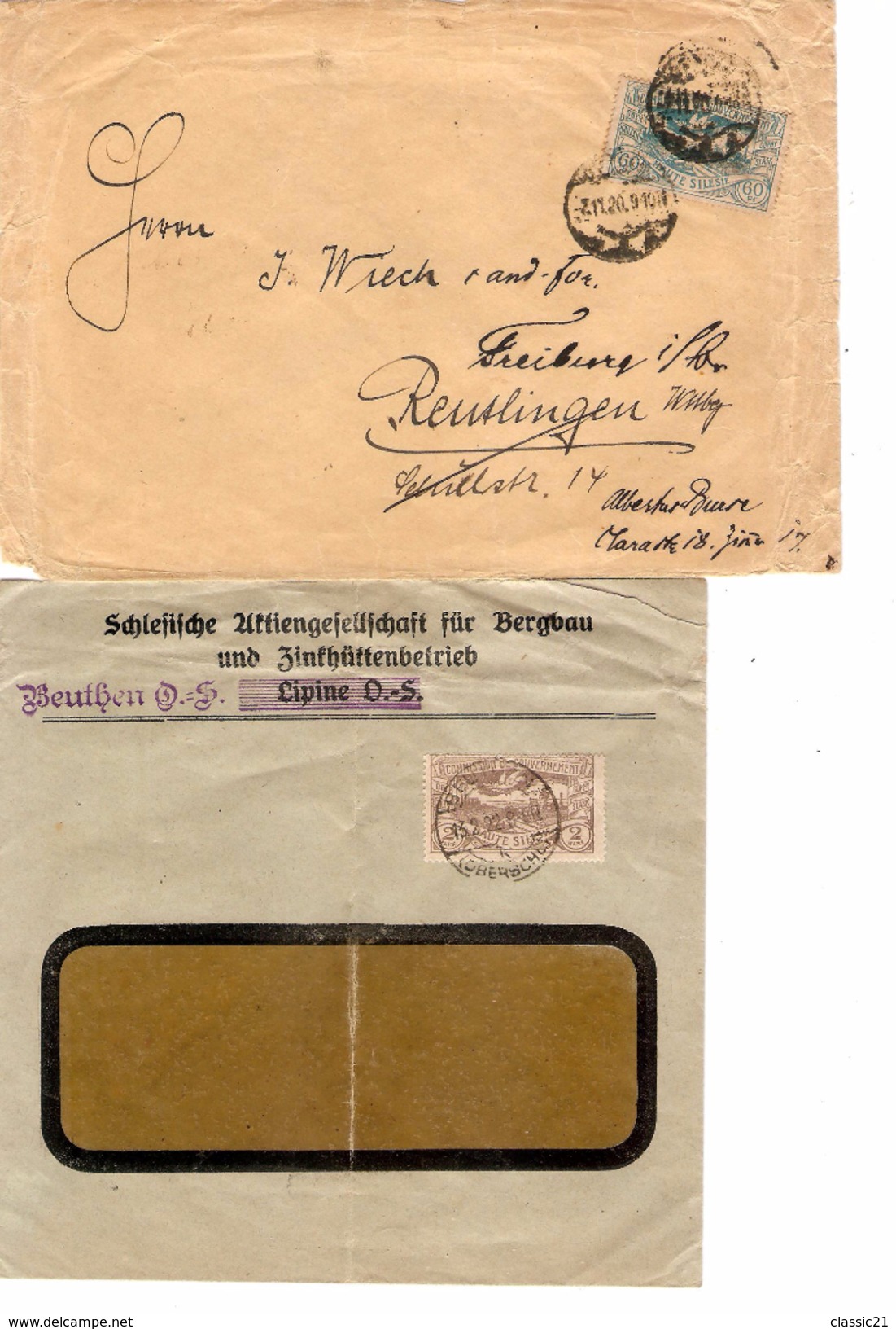 Haute Silésie -Provinz Oberschlesien 2 Enveloppes - Umschlagbrief 1920-1922 483 - Silesia