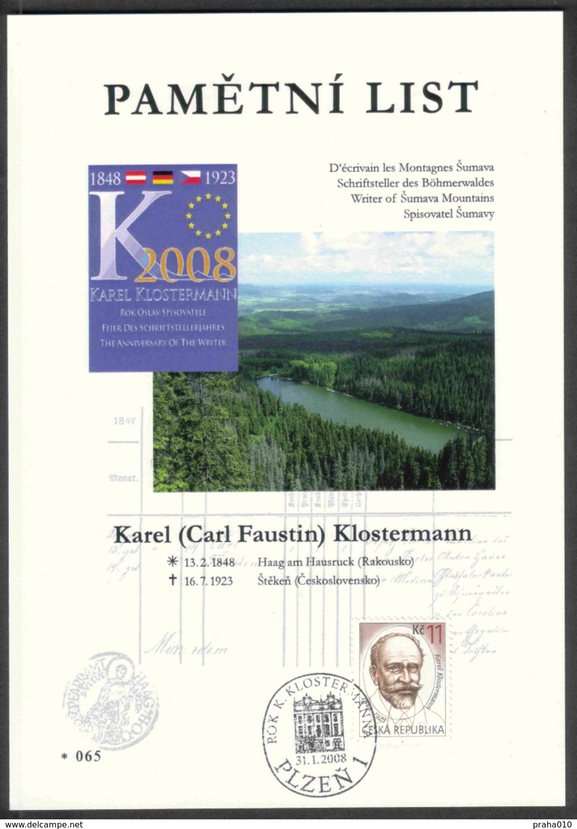 Czech Rep. / Commemorative Sheet (PaL 2008/01) Plzen 1: Year Of Karel Klostermann (1848-1923) Writer Of Sumava Mountains - Blokken & Velletjes