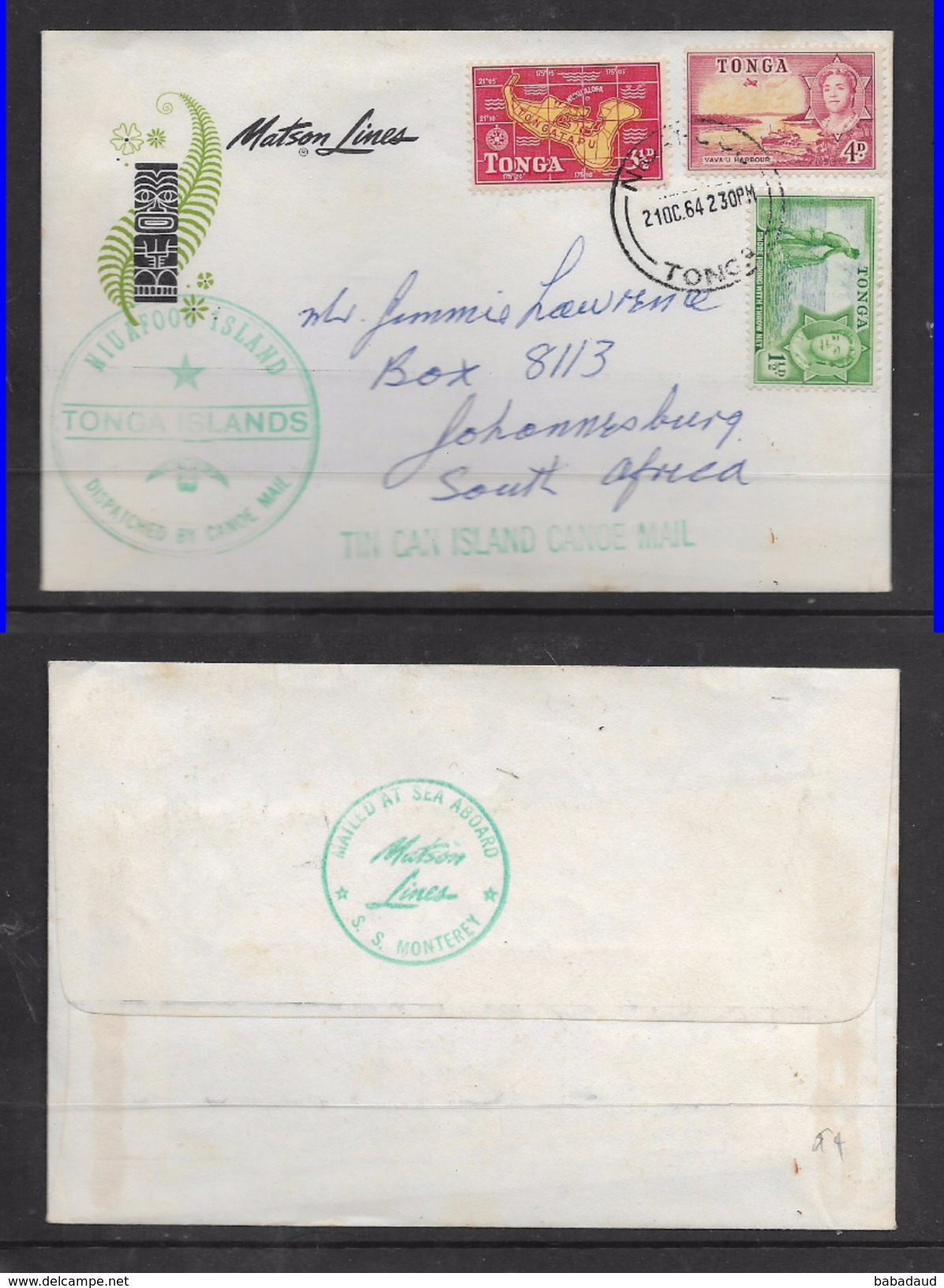 Tonga 1964 NIUAFOO ISLAND TIN CAN ISLAND CANOE MAIL S.S. MONTEREY MARSTON LINES > S.Africa - Tonga (...-1970)