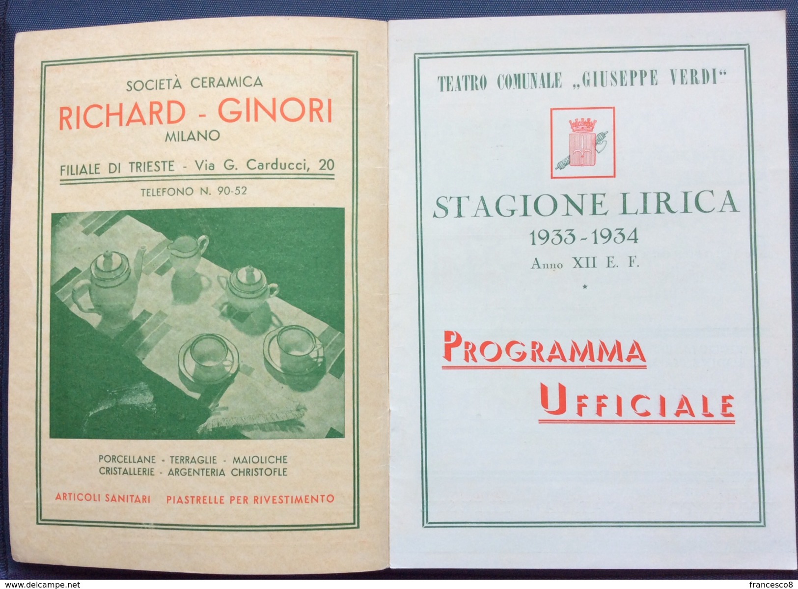 1933 TRIESTE TEATRO G. VERDI STAGIONE LIRICA 1933-34 PROGRAMMA UFFICIALE / COATES - CAPUANA - BUCAMELLI - BRANCUCCI - Programmi