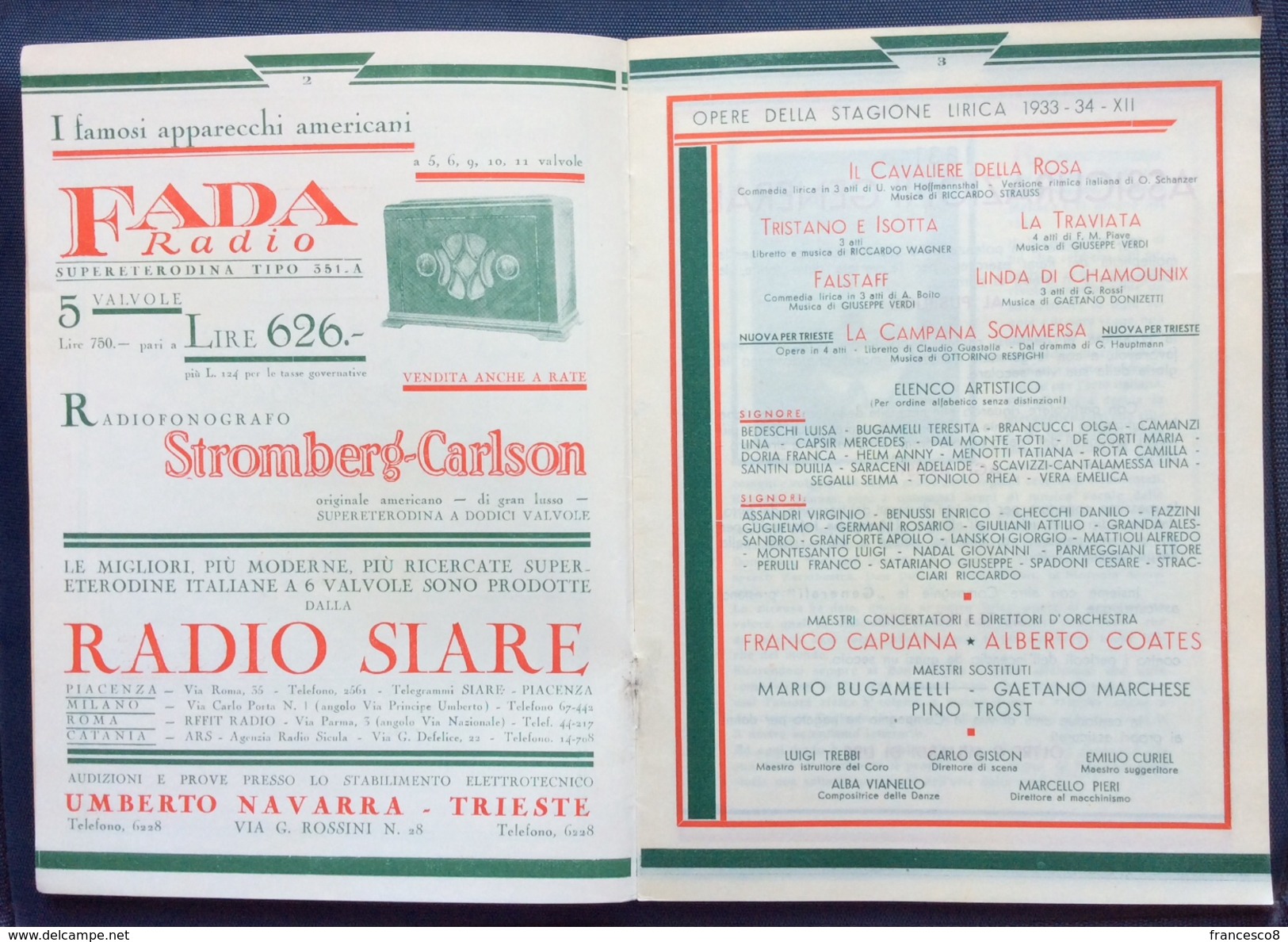 1933 TRIESTE TEATRO G. VERDI STAGIONE LIRICA 1933-34 PROGRAMMA UFFICIALE / COATES - CAPUANA - BUCAMELLI - BRANCUCCI - Programmi