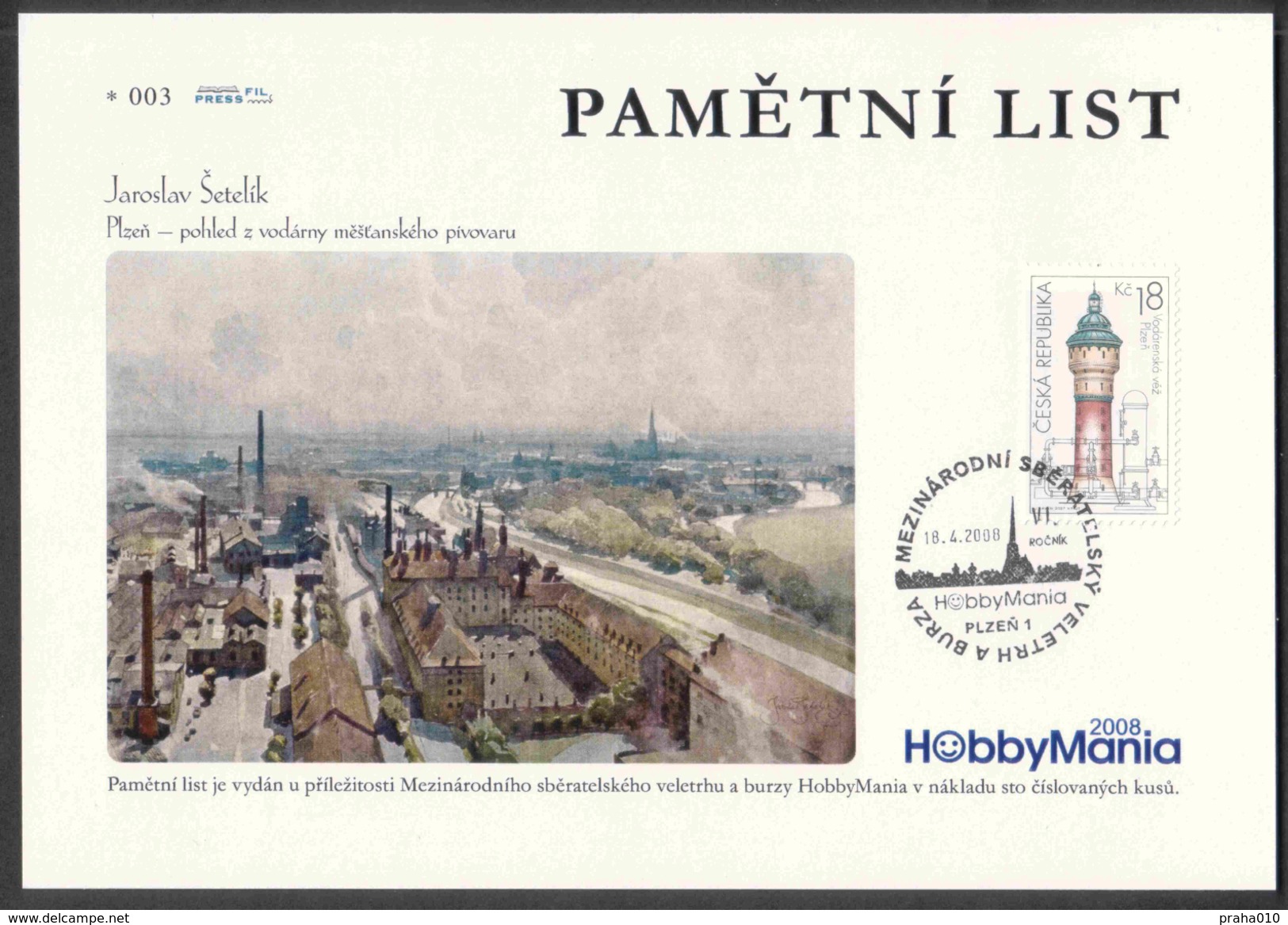 Czech Rep. / Commemorative Sheet (PaL 2008/02) Plzen 1: International Fair HobbyMania 2008 (Pilsner Urquell, Water Tower - Covers & Documents