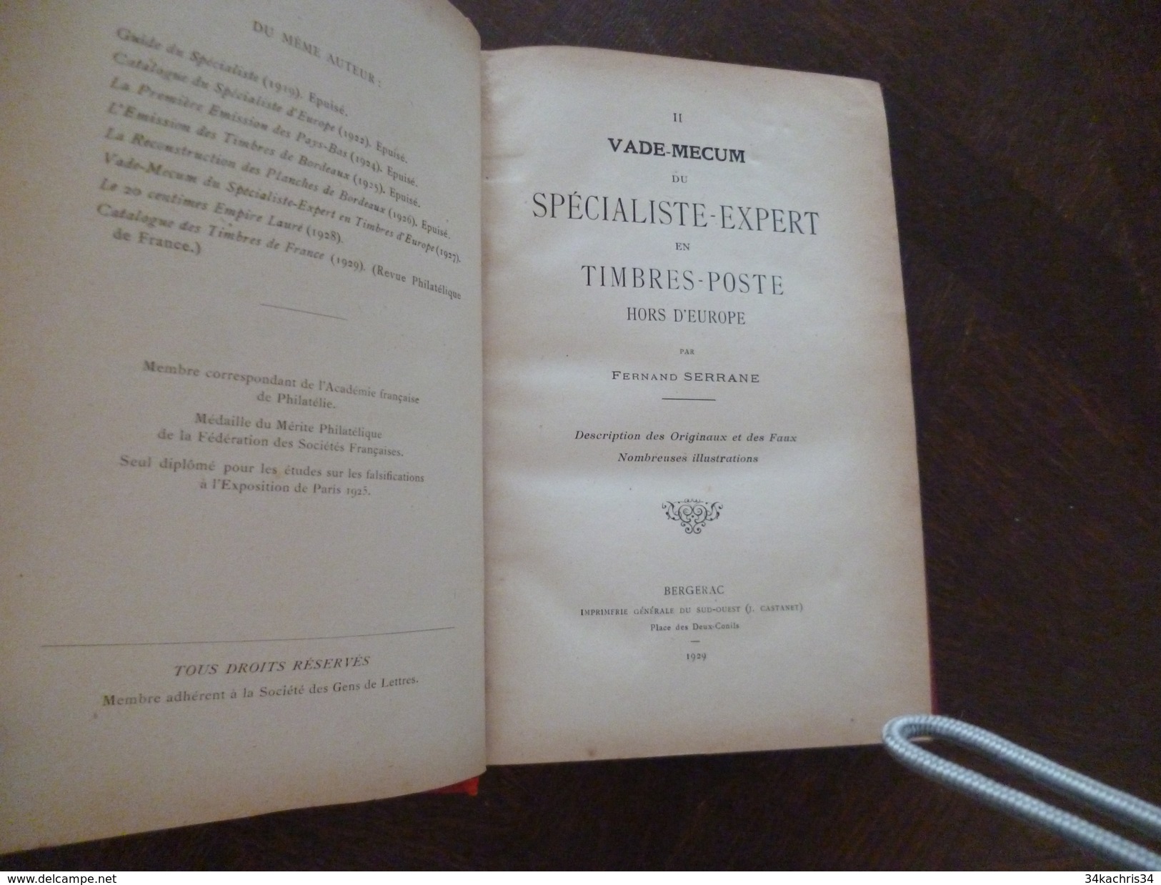 Littérature philatélique Vade mecum spécialiste expert en timbres postes F.Serrane 2 volumes 1927/1929