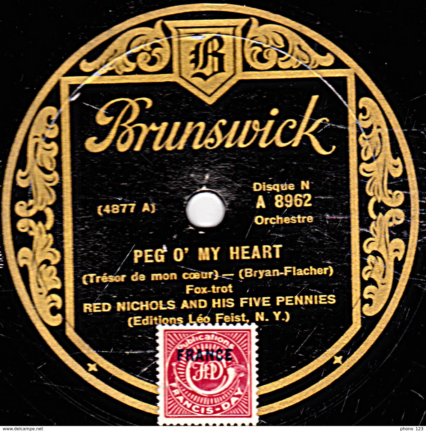 78 T - 25 Cm. - état B - RED NICHOLS -  PEG' O' MY HEART Fox-Trot - CHINA BOY Fox-Trot - 78 T - Disques Pour Gramophone