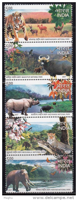 India MNH 2007, Se-tenent Set Of 5, National Parks Animal Elephant Rhino Leopard Tiger Bird Deer Buffalo Butterfly Plant - Unused Stamps