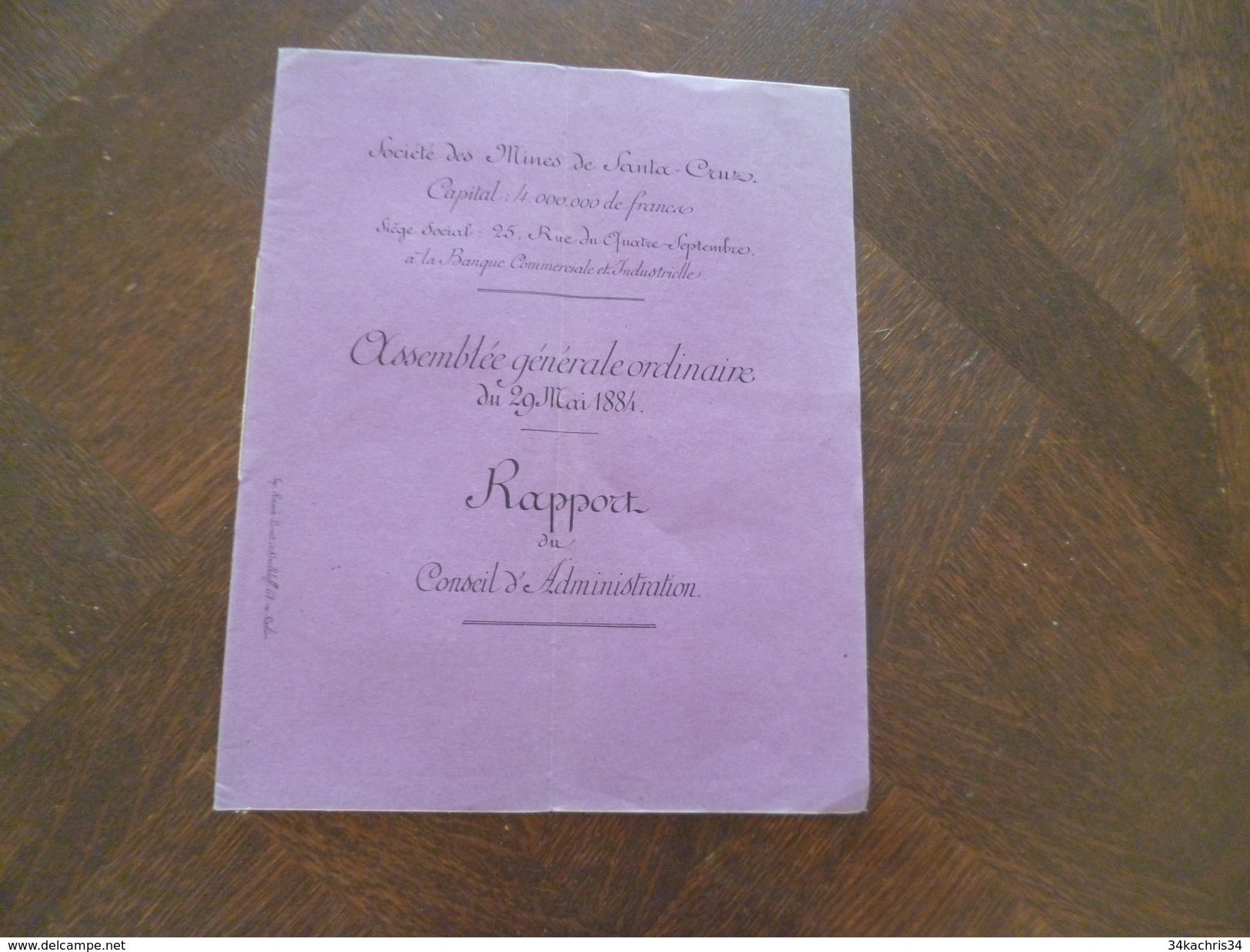 Plaquette Rapport Conseil D'administration Société Des Mines D'or De Santa Cruz 29/05/1884. Panama - Documents Historiques