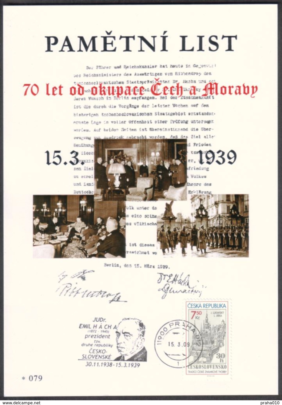 Czech Rep. / Commemorative Sheet (PaL 2009/02) 119 00 Praha 012: 70 Anniv. Of Occupation Czechoslovakia (Hacha, Hitler) - Covers & Documents