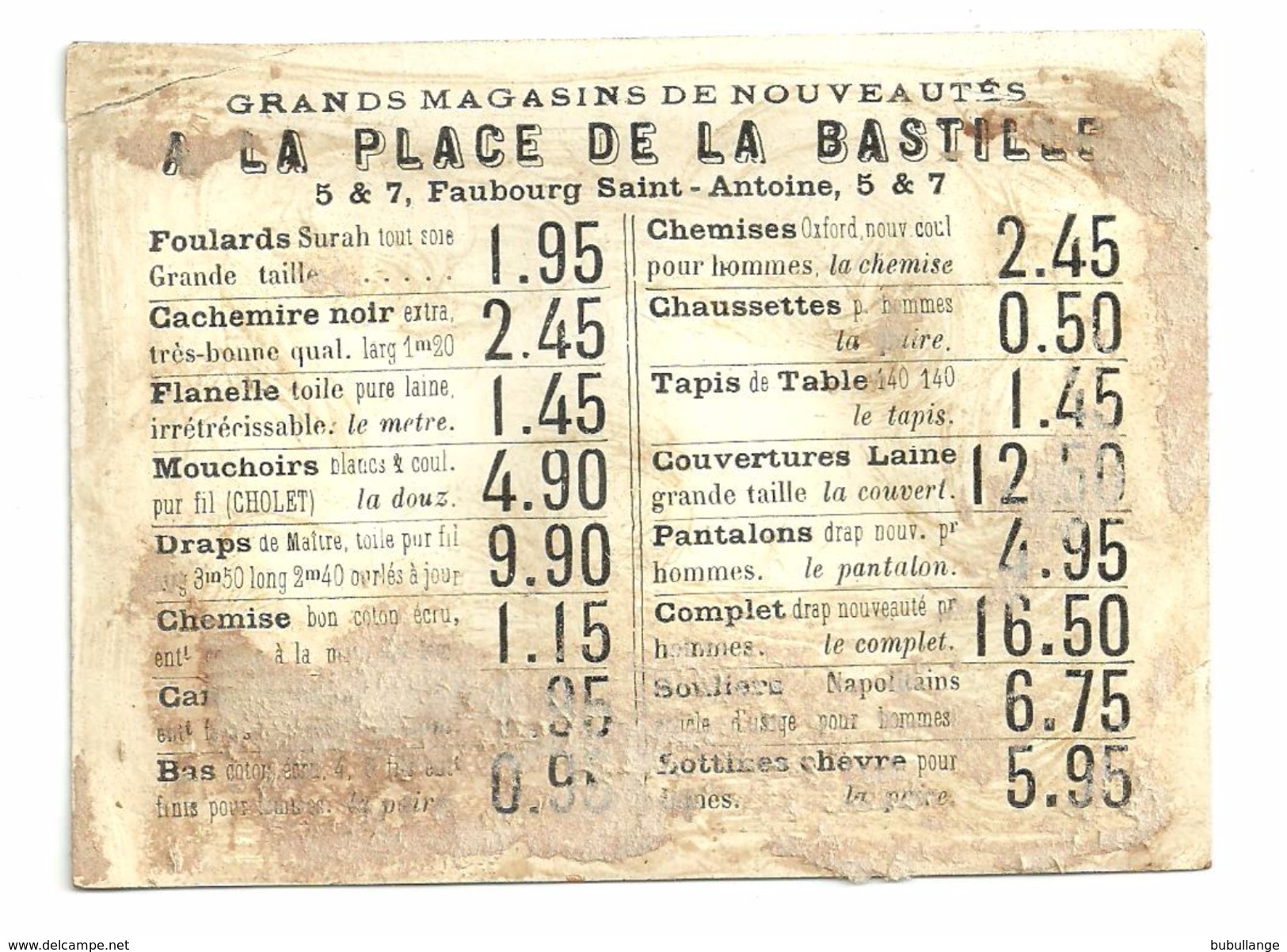 Chromo Magasin "à La Place De La Bastille" Faubourg St Antoine, Garçonnet Bouquet Carte à Jouer, 12cm X 8,5cm - Autres & Non Classés