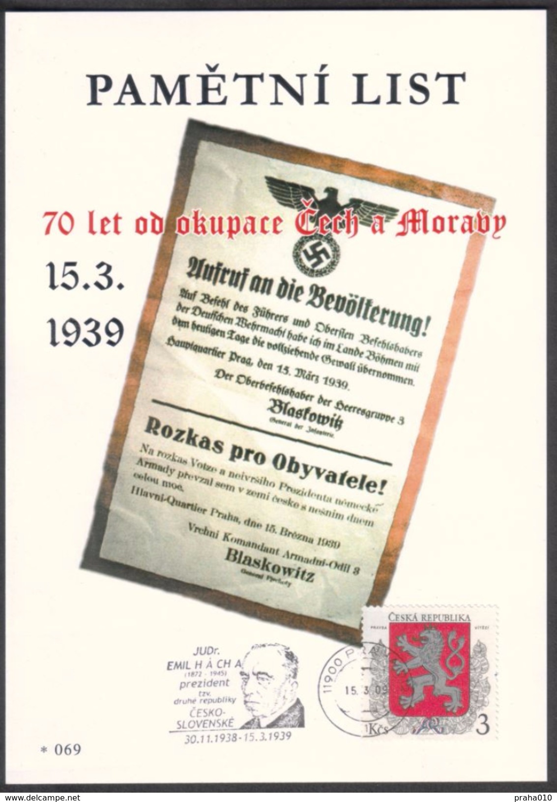 Czech Rep. / Commemorative Sheet (PaL 2009/03) 119 00 Praha 012: 70 Ann. Occupation Of Czechoslovakia (Hacha, Blaskowitz - Blokken & Velletjes