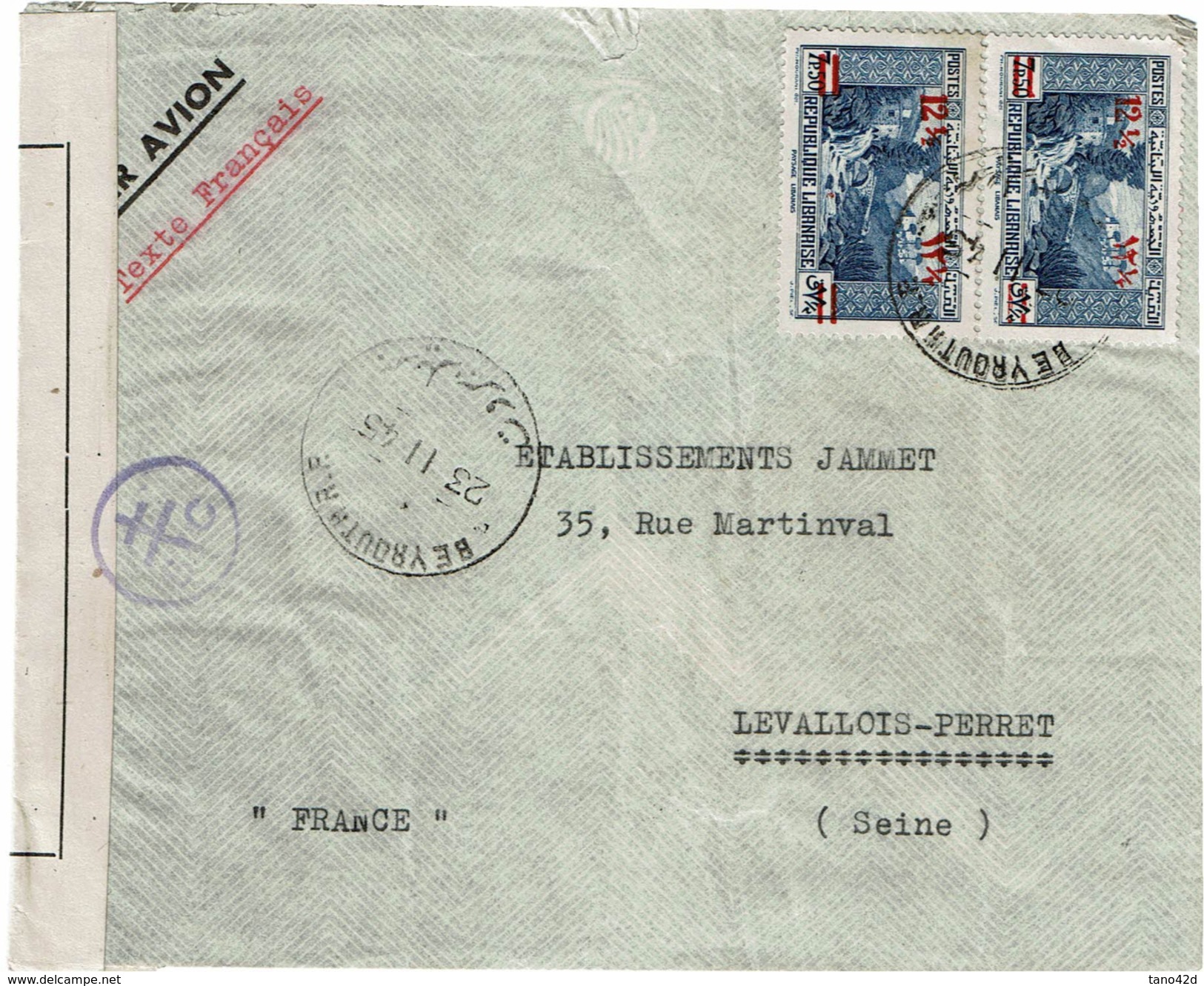 CTN49/09 - LIBAN LETTRE AVION BEYROUTH / LEVALLOIS PERRET NOVEMBRE 1945 CENSURE CROIX DE LORRAINE - Lebanon