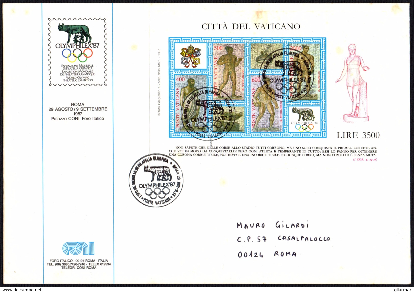 OLYMPIC GAMES -  VATICAN CITY 1987 - WORLD OLYMPIC PHILATELIC EXHIBITION - OLYMPHILEX ´87 - MAILED OFFICIAL ENVELOPE - Estate 1988: Seul