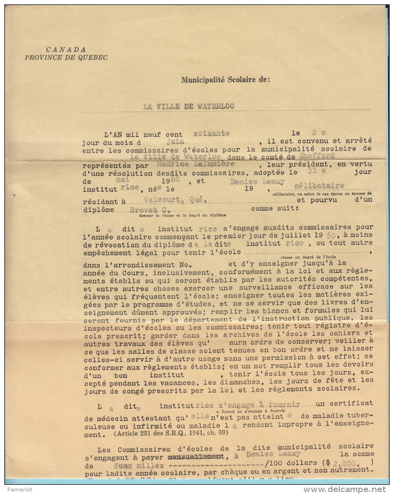 Valcour Quebec - 1958 Contrat D'engagement Institutrice, Signature Commissaires Ecoles Et Institutrice  - 3 Scans - Historische Dokumente