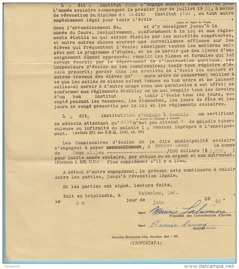 Valcour Quebec - 1958 Contrat D'engagement Institutrice, Signature Commissaires Ecoles Et Institutrice  - 3 Scans - Documents Historiques