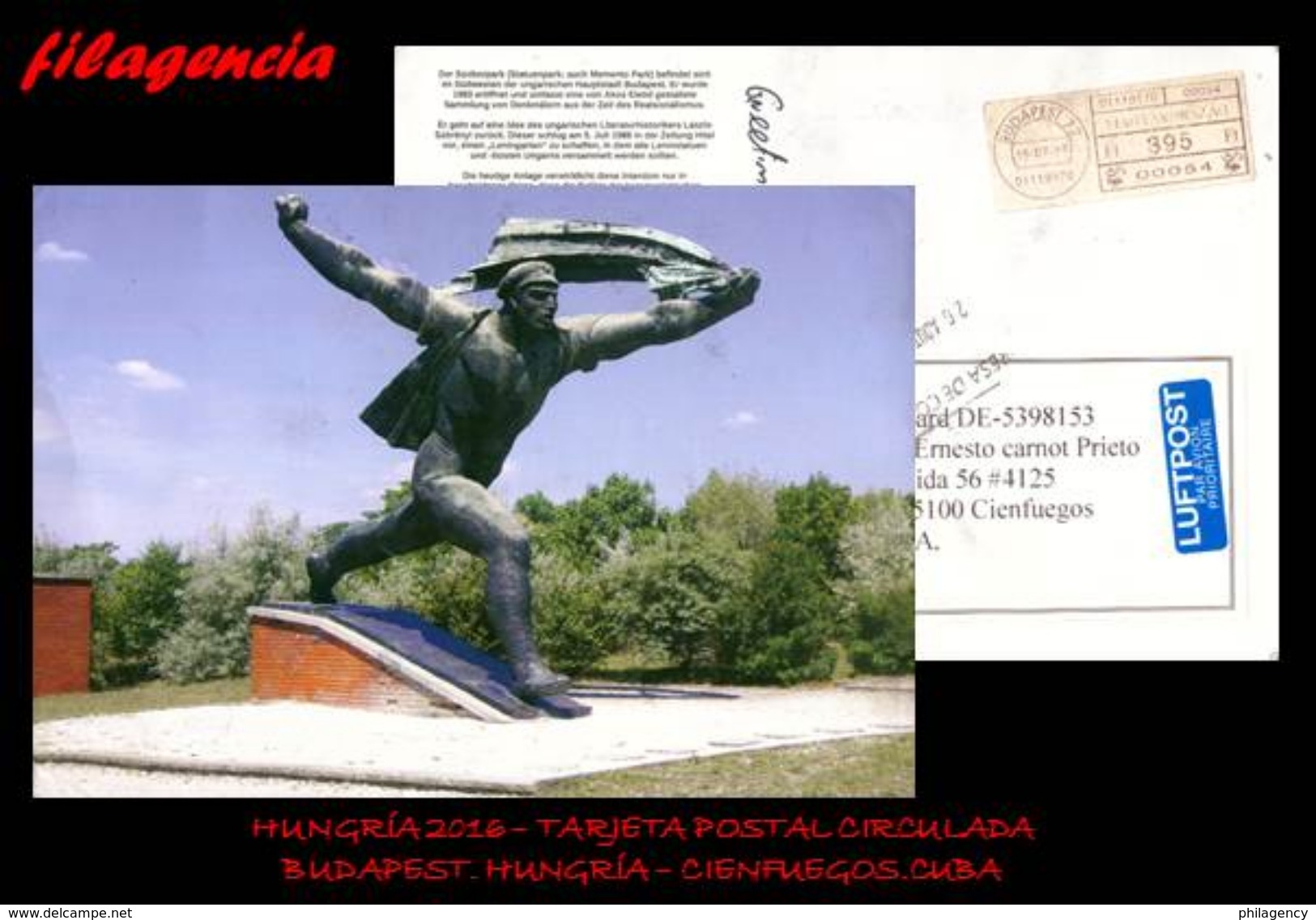 EUROPA. HUNGRÍA. ENTEROS POSTALES. TARJETA POSTAL CIRCULADA 2016. BUDAPEST. HUNGRÍA-CIENFUEGOS. CUBA. FRANQUEO MECANICO - Cartas & Documentos