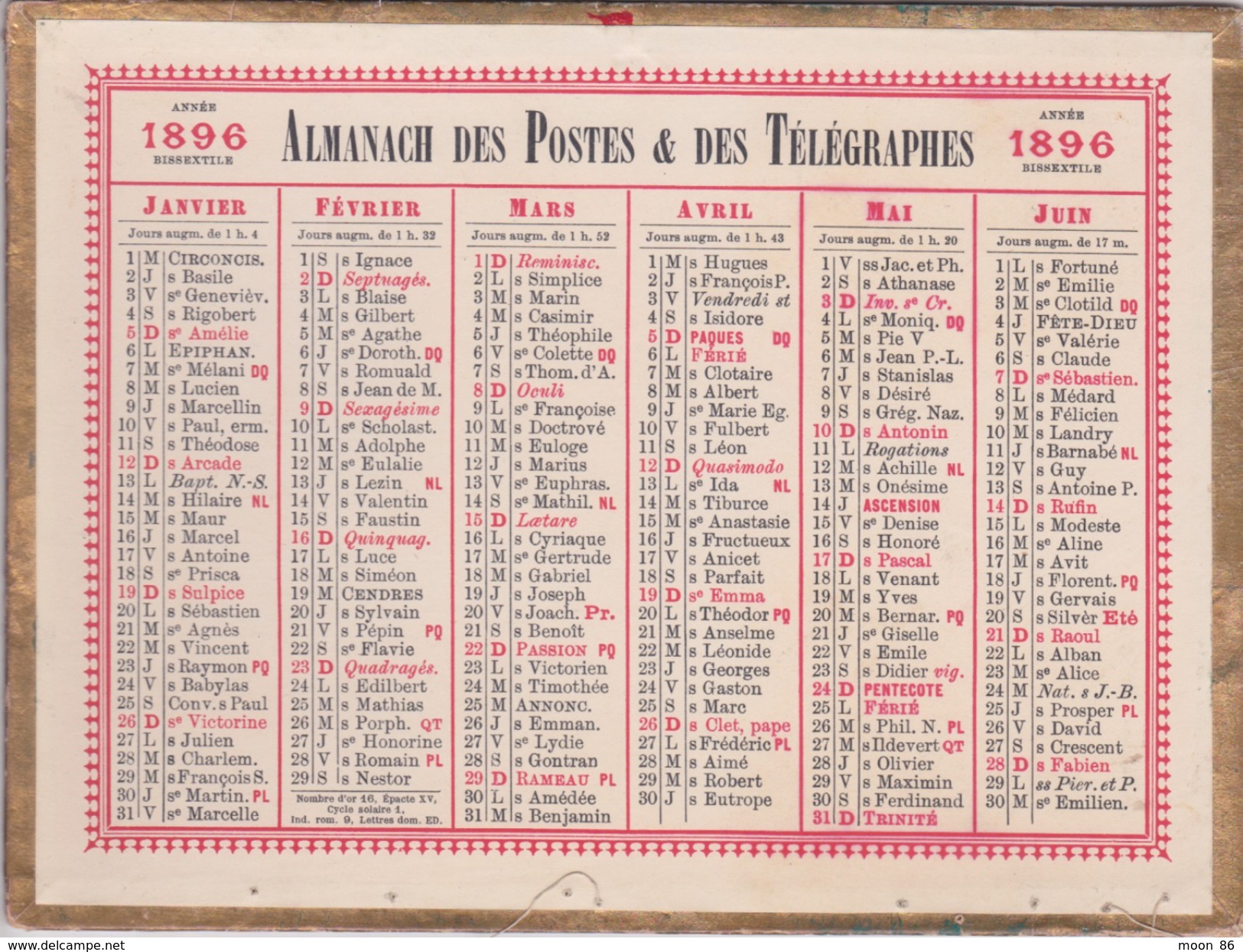 CALENDRIER ANNÉE BISSEXTILE  1896 - ALMANACH DES POSTES  ET DES TELEGRAPHES - - Small : ...-1900