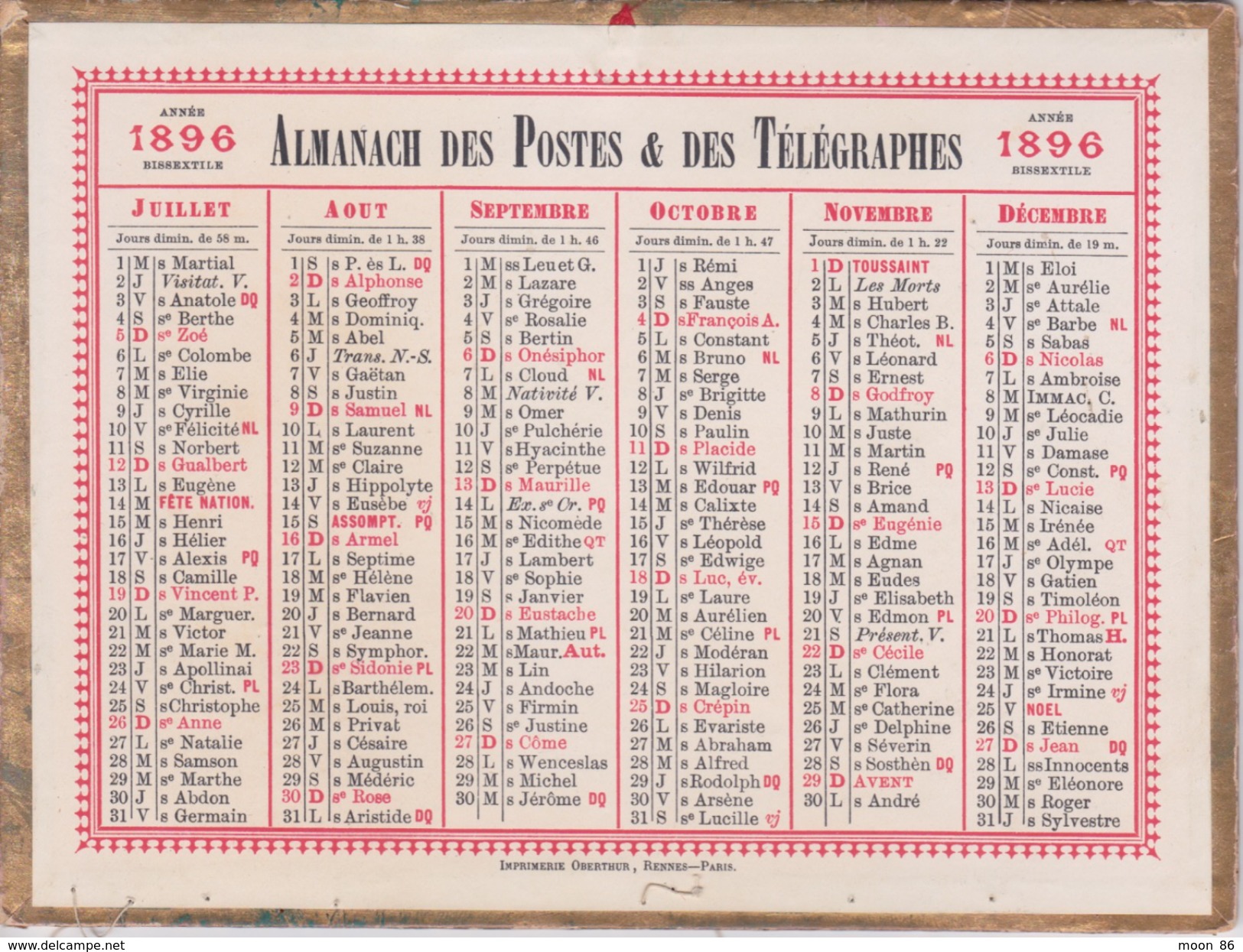 CALENDRIER ANNÉE BISSEXTILE  1896 - ALMANACH DES POSTES  ET DES TELEGRAPHES - - Small : ...-1900