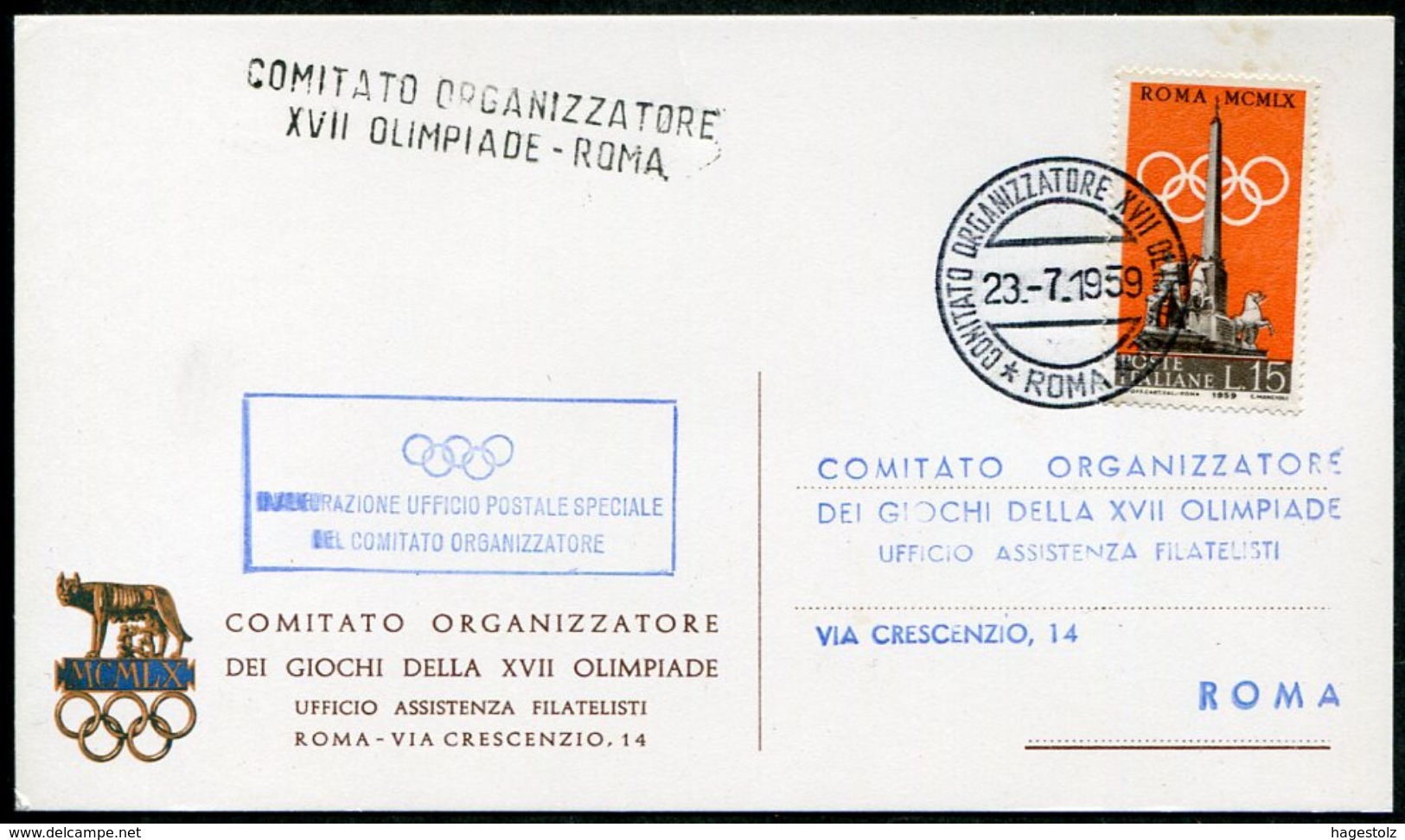 Italy Italia 1960 XVII Summer Olympic Games Rome Roma Olympische Spiele Jeux Olympiques Organizing Committee Card 1959 - Summer 1960: Rome