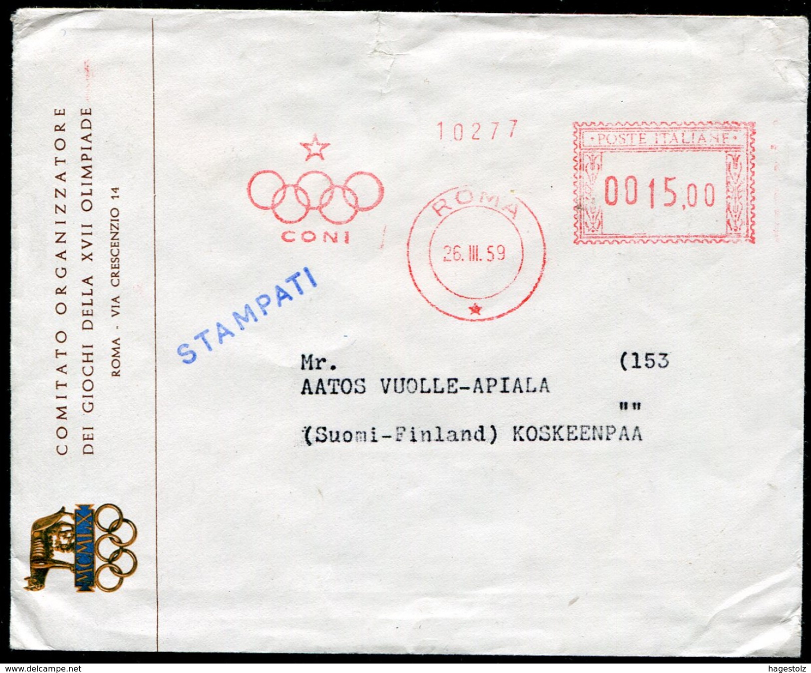 Italy Italia 1960 XVII Olympic Games Rome Roma Jeux Olympiques Olympische Spiele 1959 NATIONAL COMMITTEE Meter Cover - Summer 1960: Rome