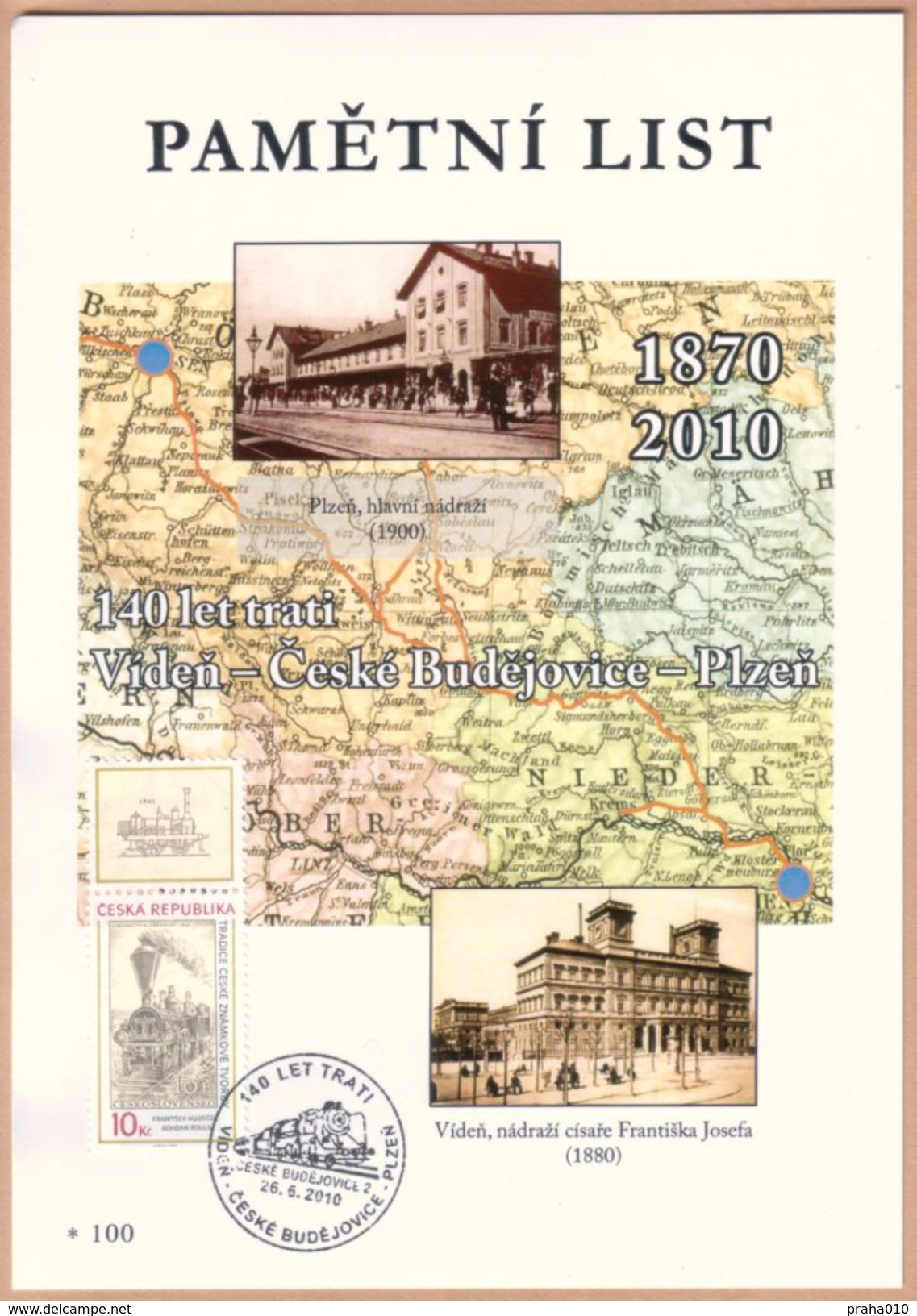 Czech Rep. / Commemorative Sheet (PaL 2010/02) Ceske Budejovice 2: 140 Years Railway Line Vienna-Czech Budejovice-Plzen - Covers & Documents