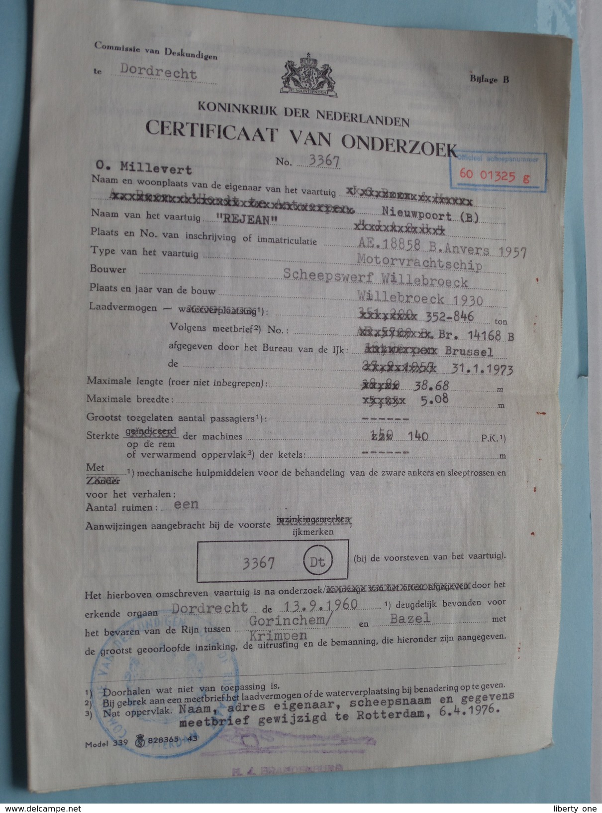 CERTIFICAAT Van ONDERZOEK " REJEAN " ( Nr. 3367 Willebroeck / Millevert / Desschel ) 1976 - Zie Foto's !! - Autres & Non Classés