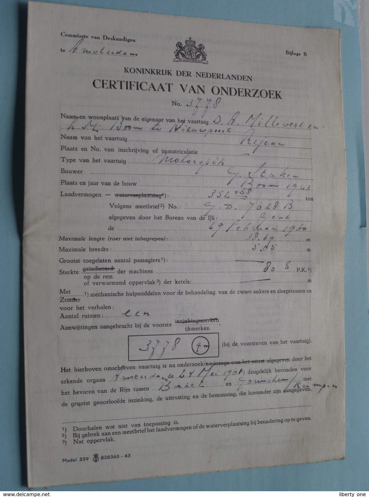 CERTIFICAAT van ONDERZOEK " REJEAN " ( Nr. 3367 Willebroeck / Millevert / Desschel ) 1976 - zie foto's !!