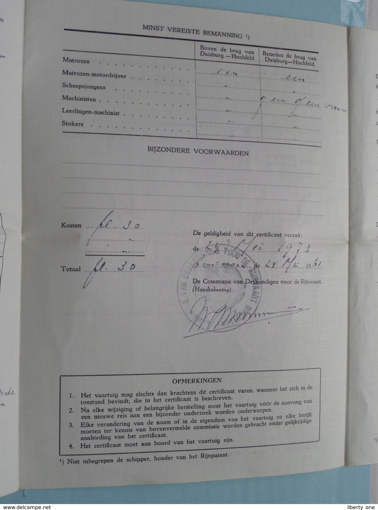 CERTIFICAAT van ONDERZOEK " REJEAN " ( Nr. 3367 Willebroeck / Millevert / Desschel ) 1976 - zie foto's !!