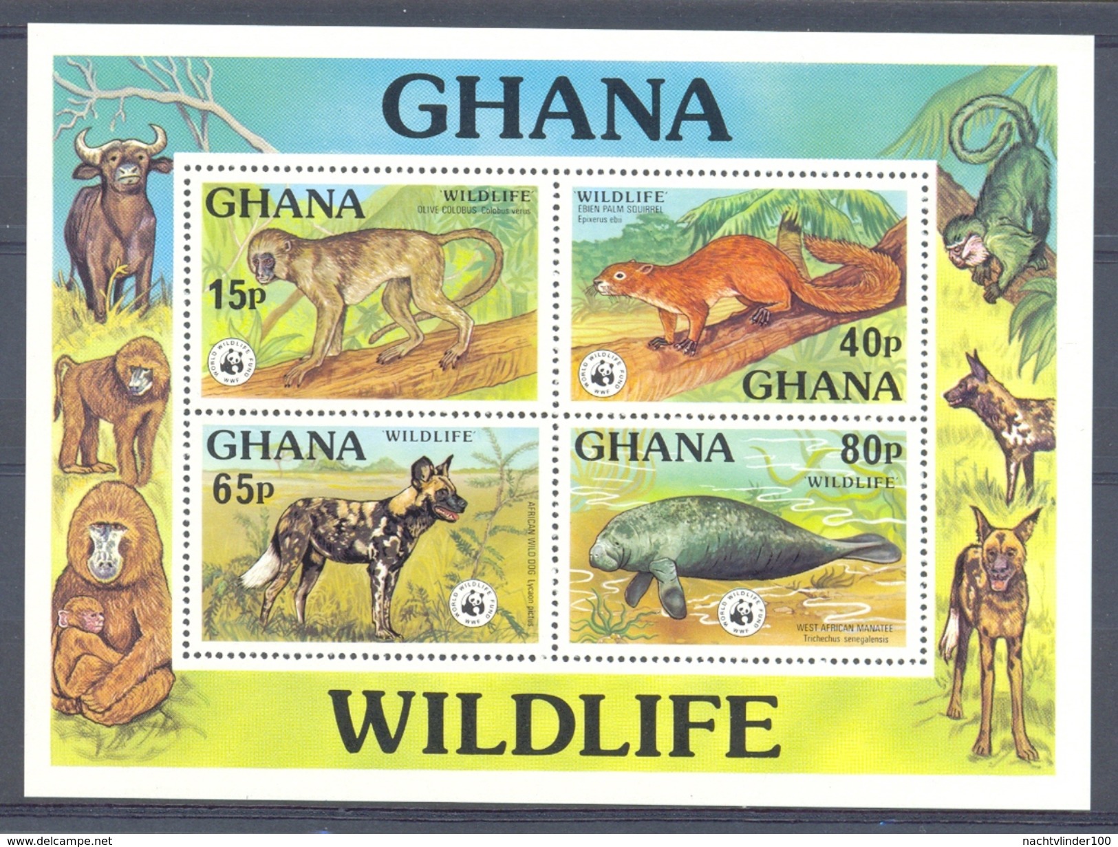 MweF09 WWF FAUNA AAP ZEEKOE EEKHOORN WILDE HOND MANATEE MONKEY SQUIRREL DUGONG WILD DOG GHANA 1977 PF/MNH - Unused Stamps