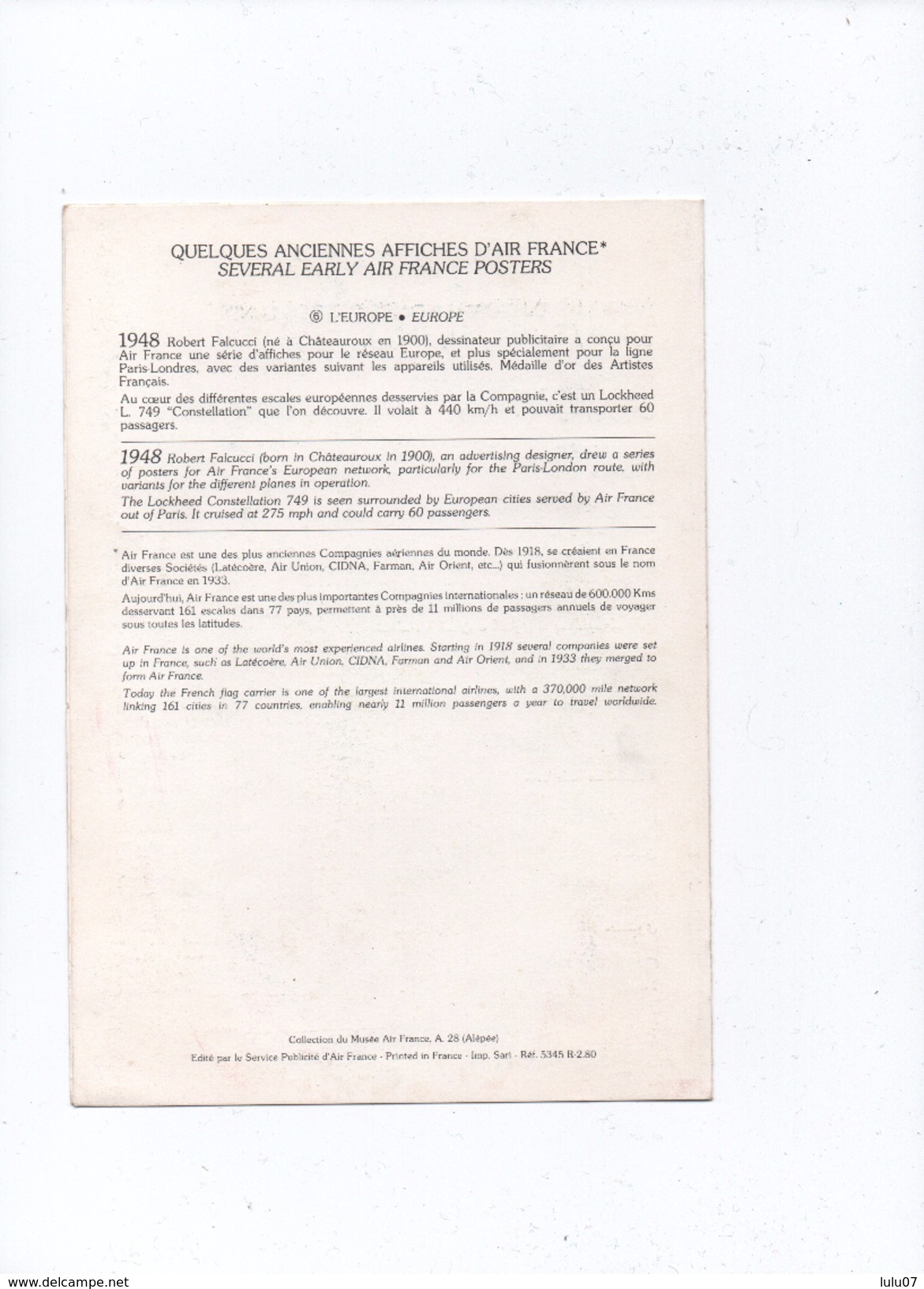 Lot  2  Menus    Publicité  Air  France    Europe  & Amérique Du Nord - Menus