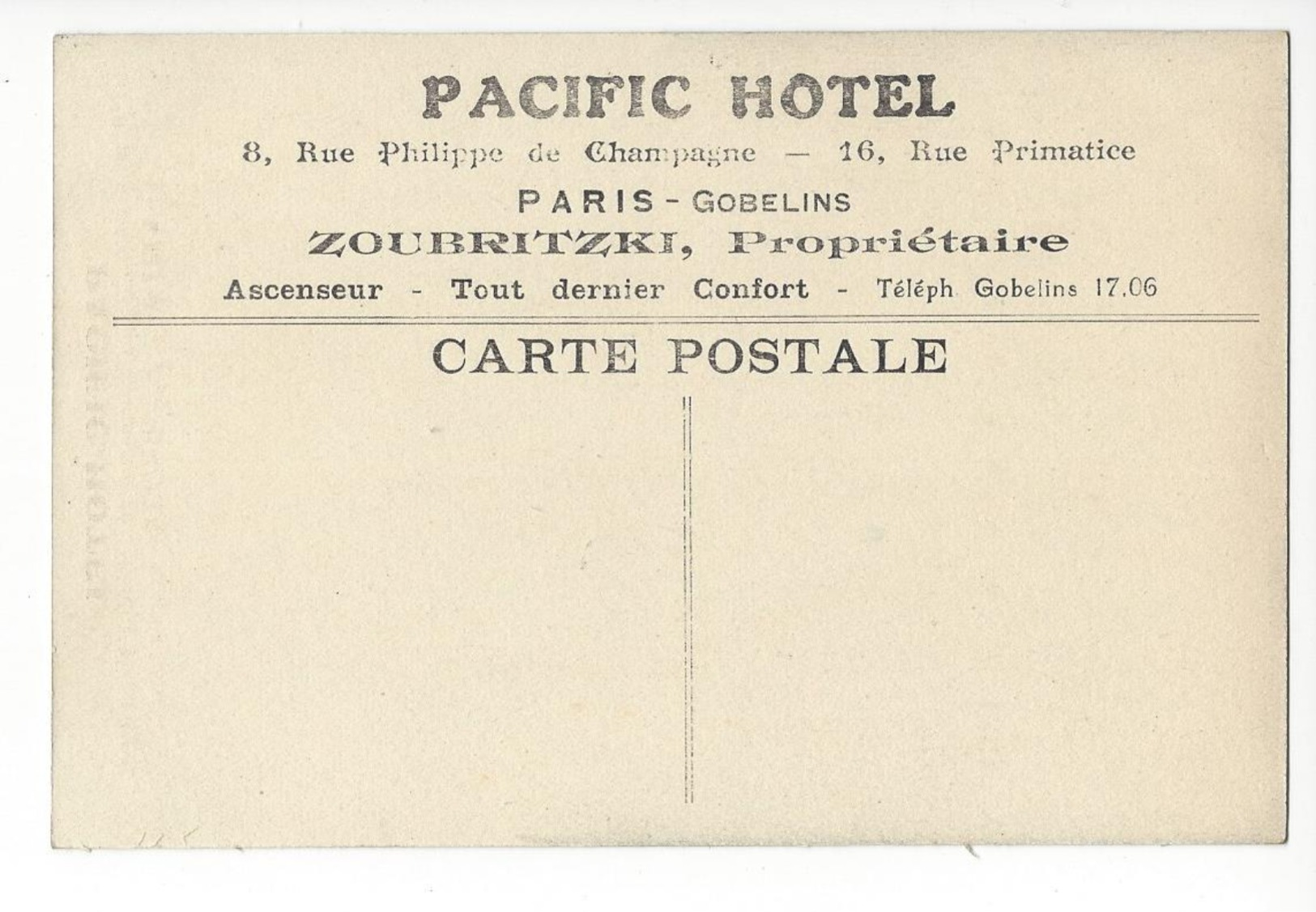 PARIS PACIFIC HOTEL ZOUBRITZKI 8 RUE PHILIPPE DE CHAMPAGNE + 16 RUE PRIMATICE /FREE SHIPPING REGISTERED - Arrondissement: 13