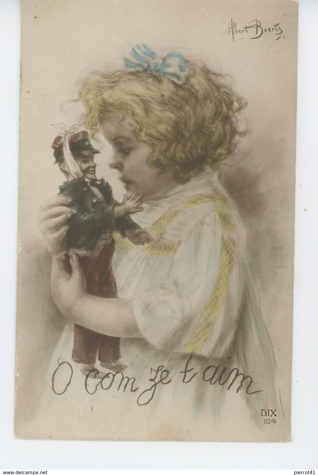 GUERRE 1914-18 - Jolie Carte Fantaisie Fillette Avec Sa Poupée POILU "O Com Ze T'aim " Signée ALBERT BEERTS - Beerts, Albert