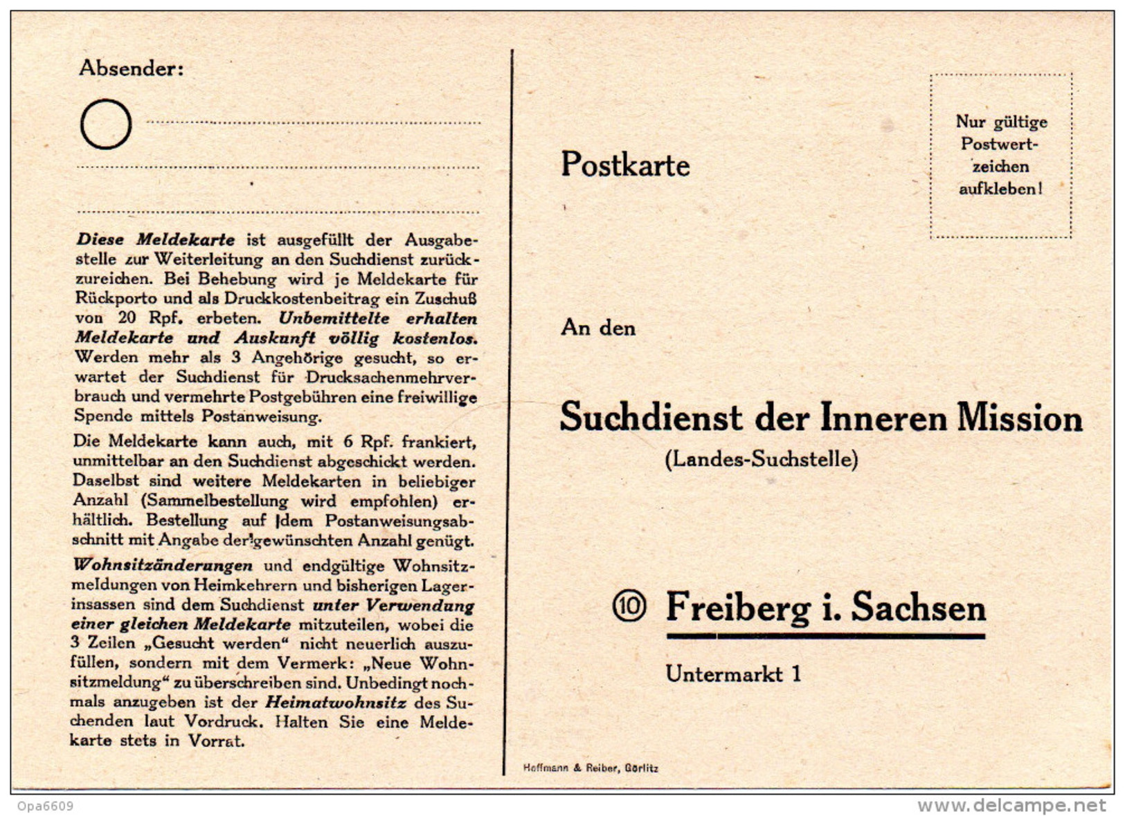 (L) Suchdienst-Postkarte "Suchdienst Der Inneren Mission (Landes-Suchstelle)" Freiberg I. Sachsen, Ungebraucht - Sonstige & Ohne Zuordnung