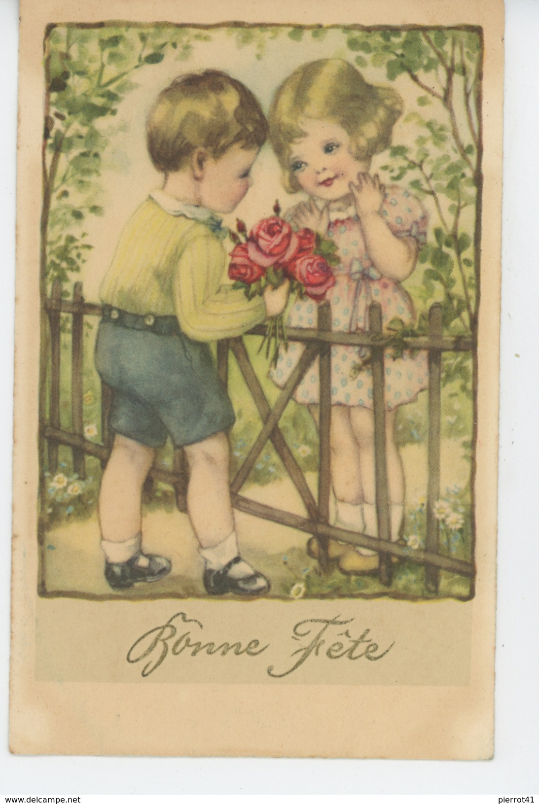 ENFANTS - LITTLE GIRL - Jolie Carte Fantaisie Enfants Avec Fleurs "Bonne Fête" - HANNES PETERSEN (non Signée) - Petersen, Hannes