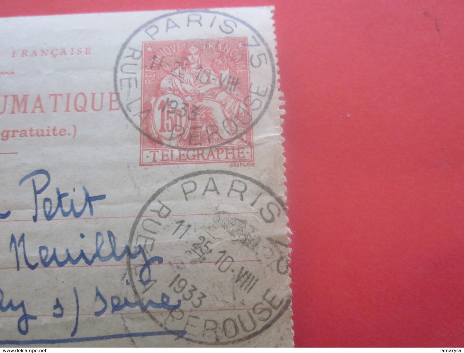 1933 Entiers Postaux  Pneumatique-CAD Horoplan  Paris 75 Pour Neuilly Timbre Faire Défiler Scanns Lire.. - Neumáticos