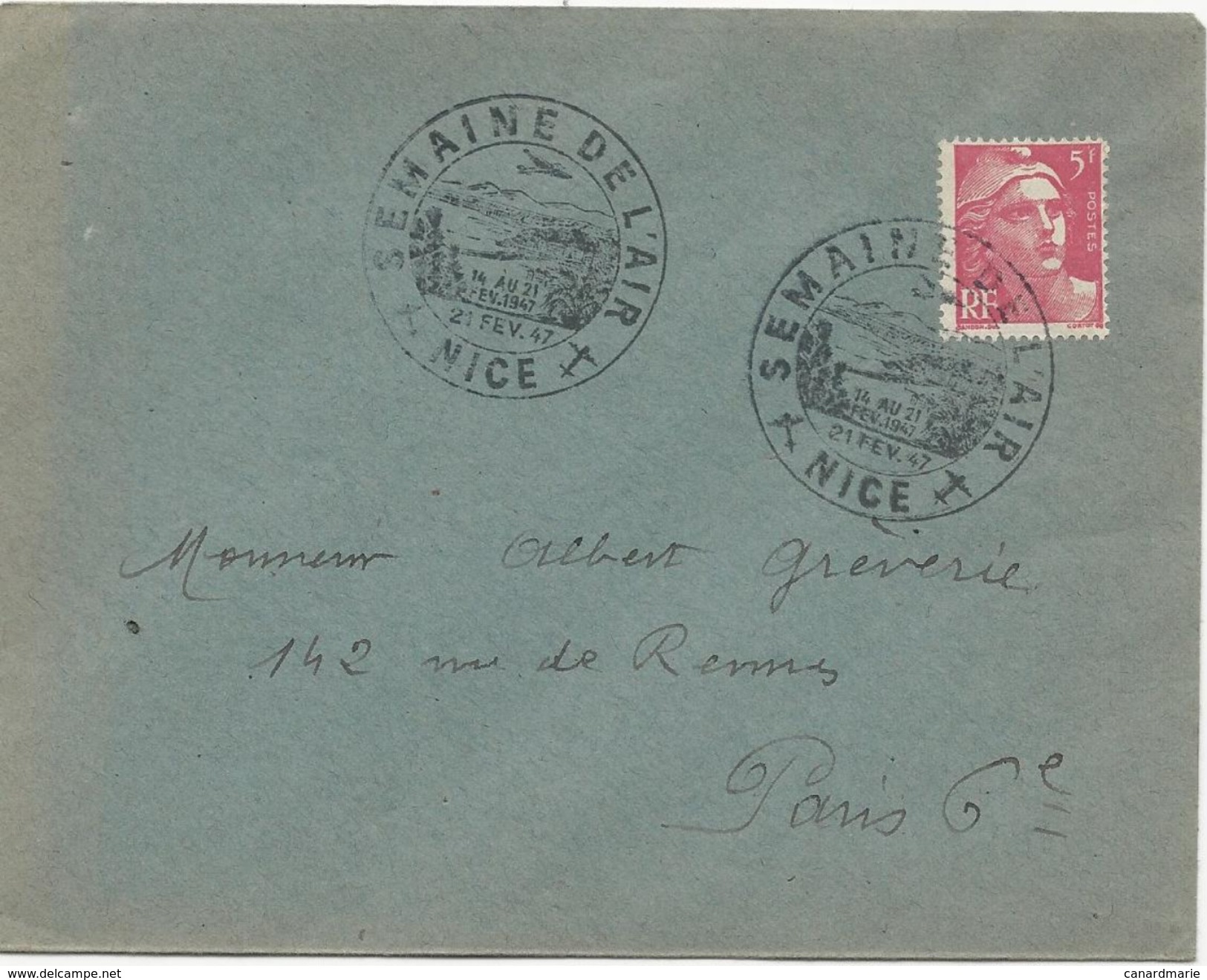 LETTRE 1947 AVEC CACHET SEMAINE DE L'AIR NICE SUR TIMBRE AU TYPE MARIANNE DE GANDON - Bolli Commemorativi