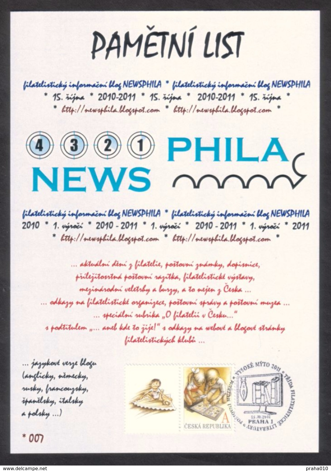 Czech Rep. / Commemorative Sheet (PaL 2011/03) Praha 1: Philatelic Information Blog NEWSPHILA (2010-2011) - Covers & Documents