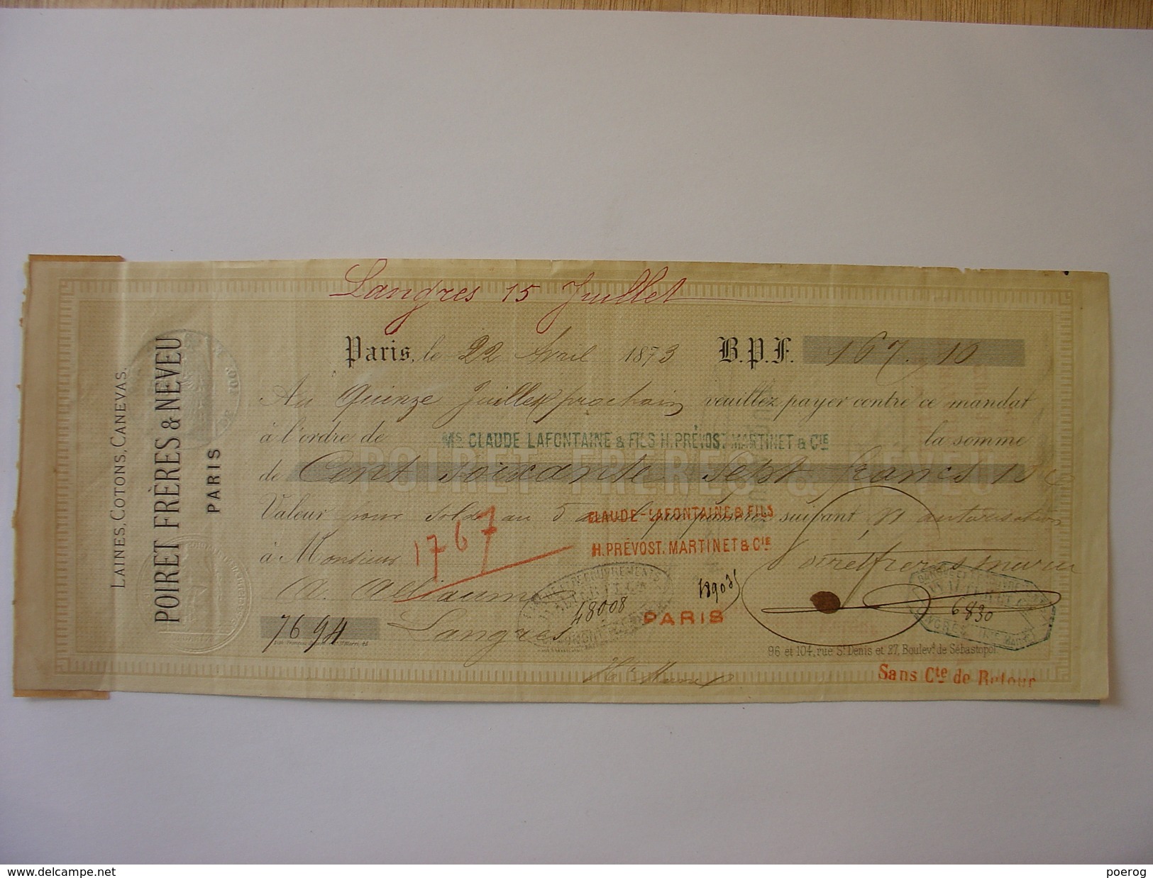 MANDAT LETTRE DE CHANGE CHEQUE Du 22 AVRIL 1873 - POIRET FRERES ET NEVEU PARIS LAINES ET COTONS -  TAMPONS - LANGRES - Bills Of Exchange