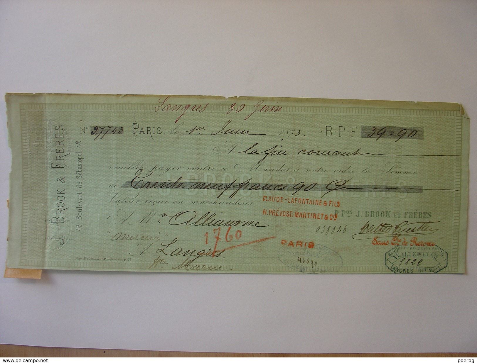 MANDAT LETTRE DE CHANGE CHEQUE Du 1er JUIN 1873 - J. BROOK ET FRERES - TAMPONS - M. ALLIAUME A LANGRES - Bills Of Exchange