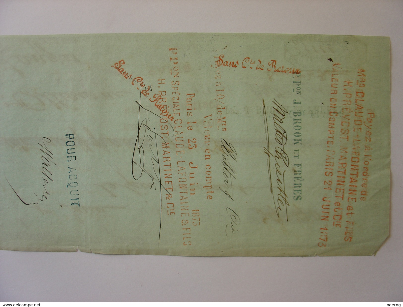 MANDAT LETTRE DE CHANGE CHEQUE Du 1er JUIN 1873 - J. BROOK ET FRERES - TAMPONS - M. ALLIAUME A LANGRES - Bills Of Exchange