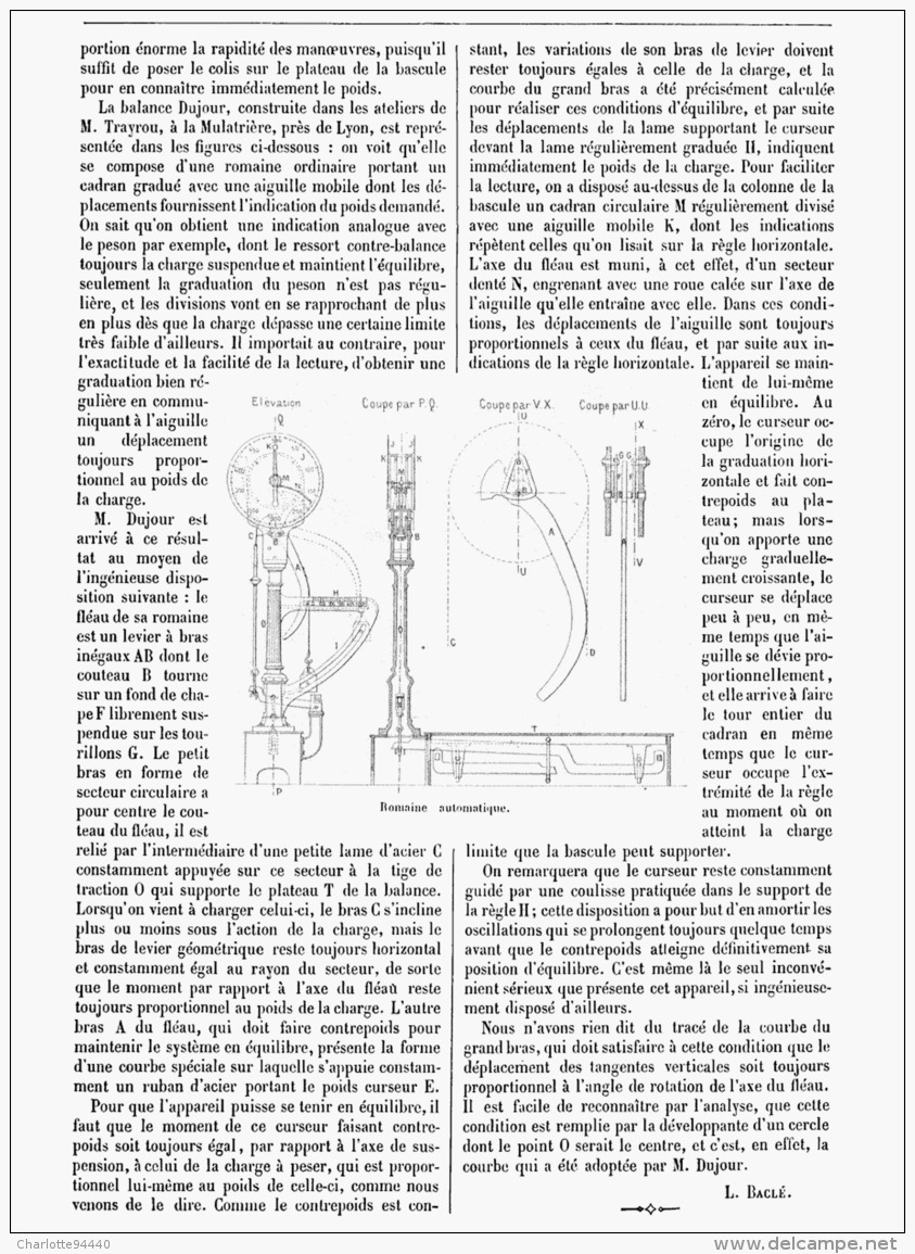 BALANCE SANS POIDS  La Romaine Automatique Systéme DUJOUR    1881 - Autres & Non Classés
