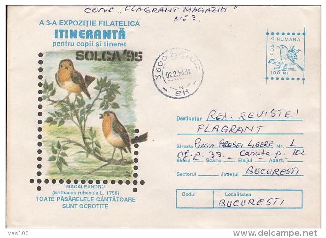 BIRDS, EUROPEAN ROBIN, COVER STATIONERY, ENTIER POSTAL, 1996, ROMANIA - Moineaux
