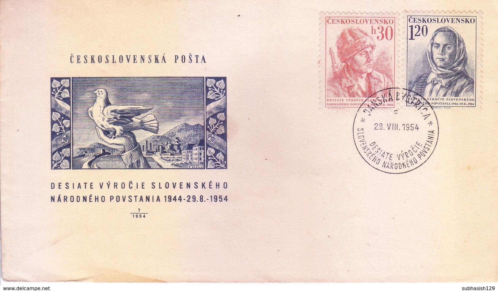 CZECHOSLOVAKIA 28.08.1954 FIRST DAY COVER - DESIATE VYROCIE SLOVENSKEHO NARODNEHO POVSTANIA - Covers & Documents